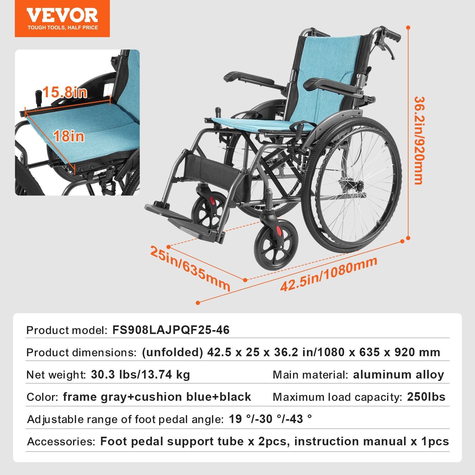 Wheelchair, Durable Aluminum Alloy Ultra-Lightweight Wheelchairs, Portable Wheelchair with Flip-Back Desk-Length Arms, 3-Position Adjustable Footrests, 18-Inch Wide Seat, 250lbs Weight Capacity