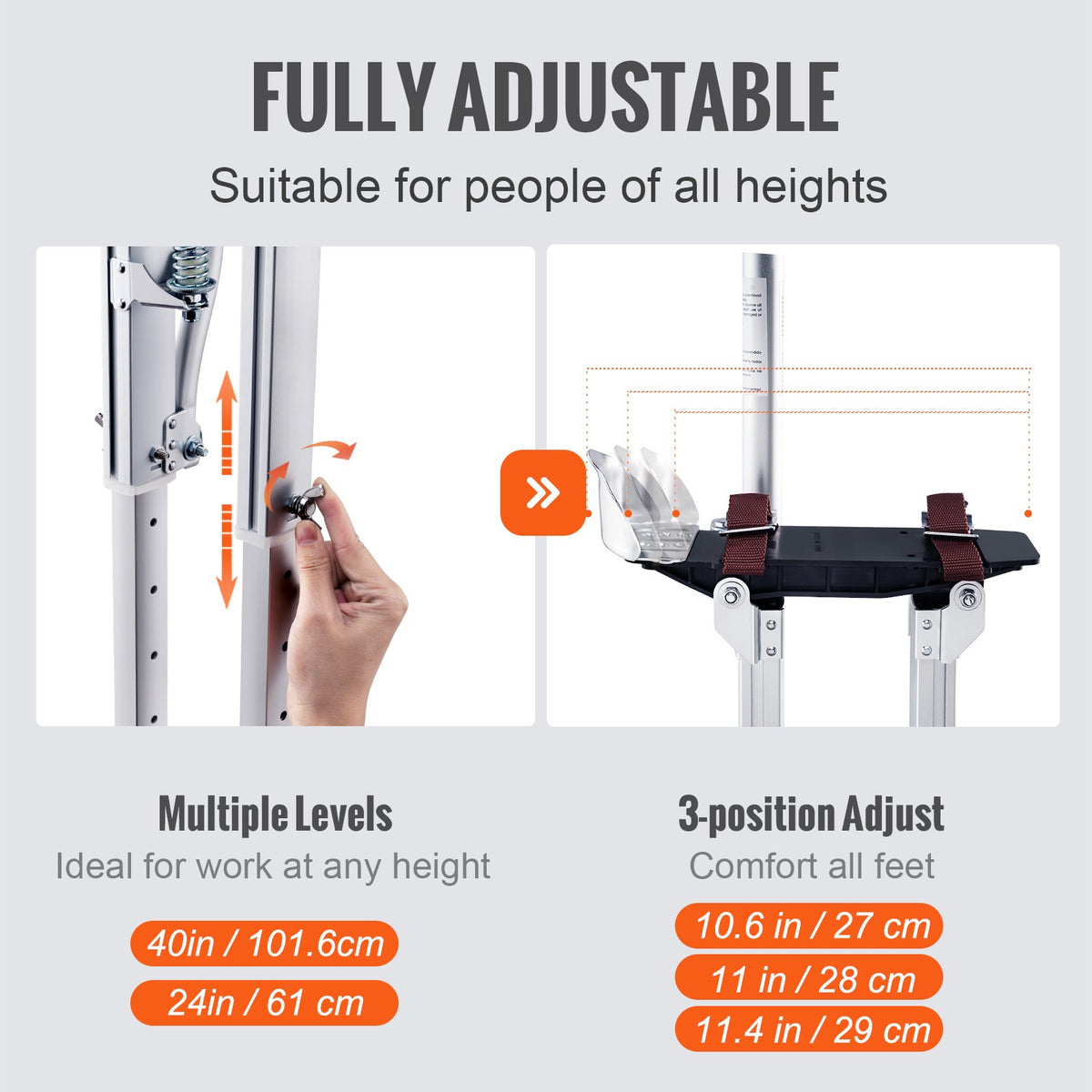 VEVOR Drywall Stilts, 24''-40'' Adjustable Aluminum Tool Stilts with Protective Knee Pads, Durable and Non-Slip Work Stilts for Sheetrock Painting, Walking, Taping, Silver