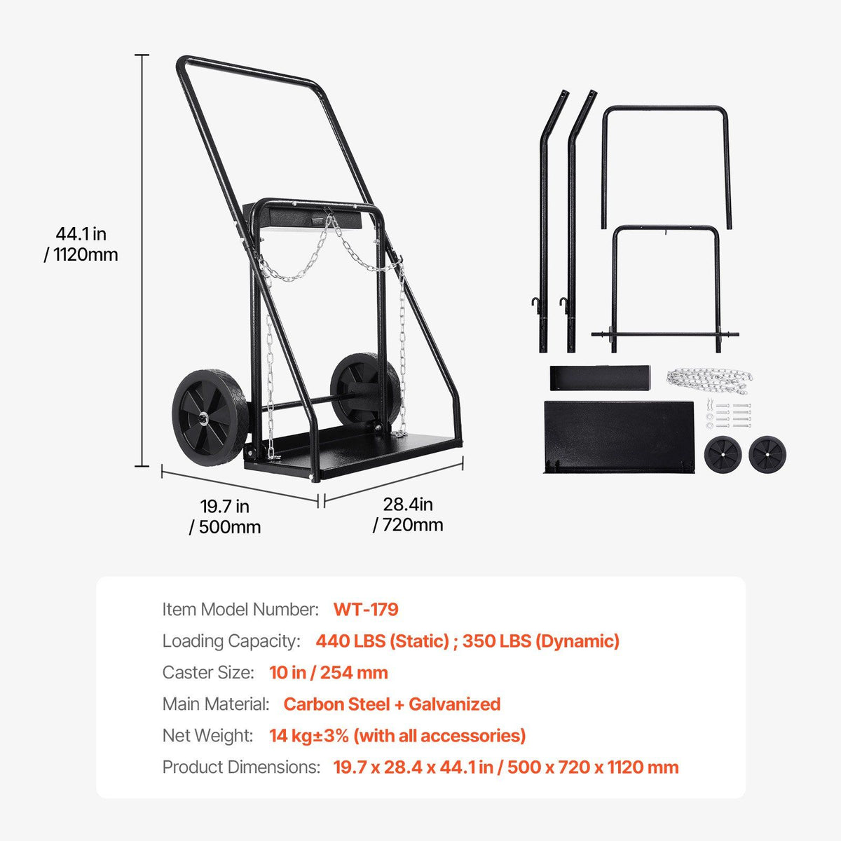 Dual Welding Cylinder Cart, Oxygen Acetylene Tank Cart with 440LBS Static Weight Capacity, 10-Inch Solid Wheels and Tank Storage Safety Chains, Suitable for Double 12.5-Inch Dia. Gas Cylinders