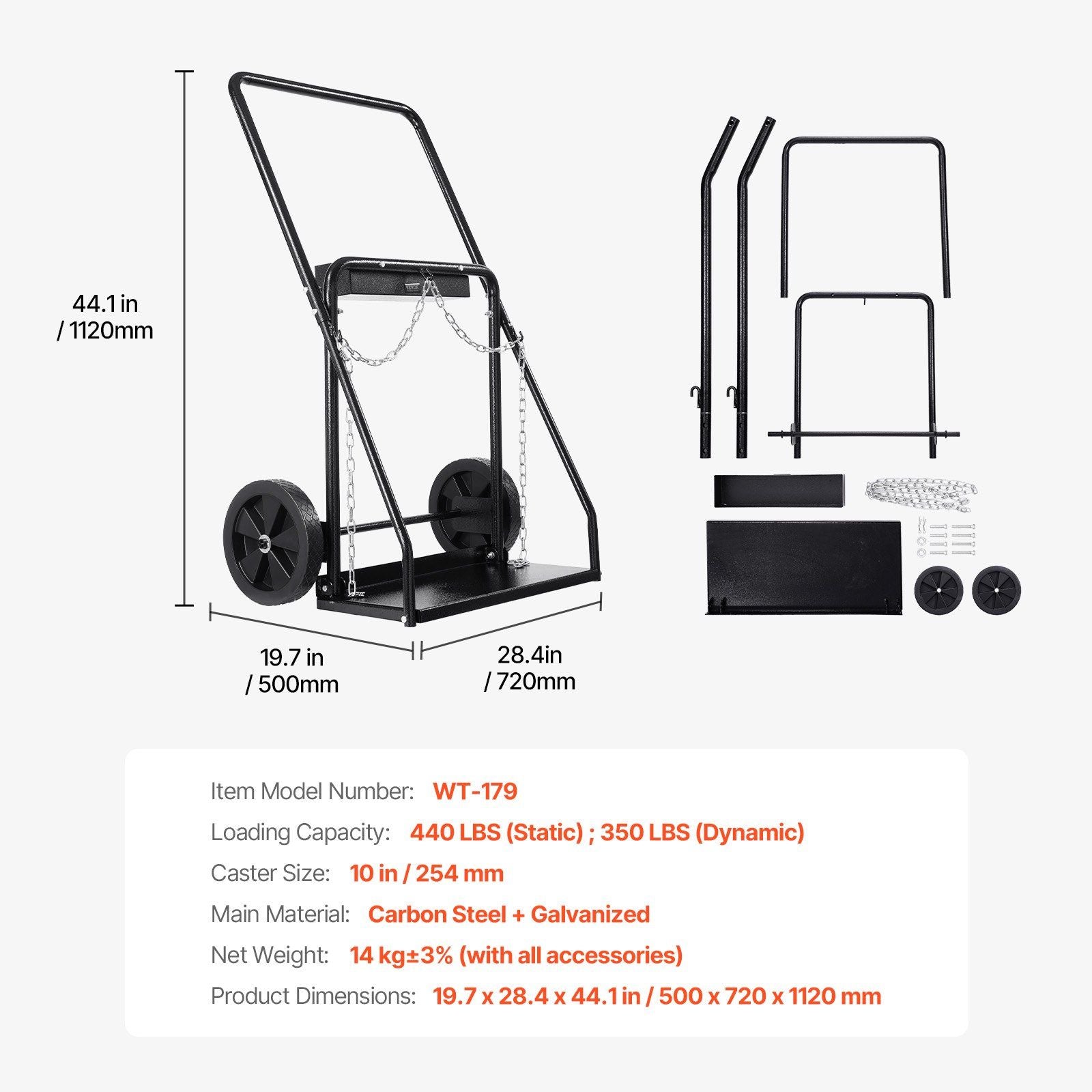 Dual Welding Cylinder Cart, Oxygen Acetylene Tank Cart with 440LBS Static Weight Capacity, 10-Inch Solid Wheels and Tank Storage Safety Chains, Suitable for Double 12.5-Inch Dia. Gas Cylinders