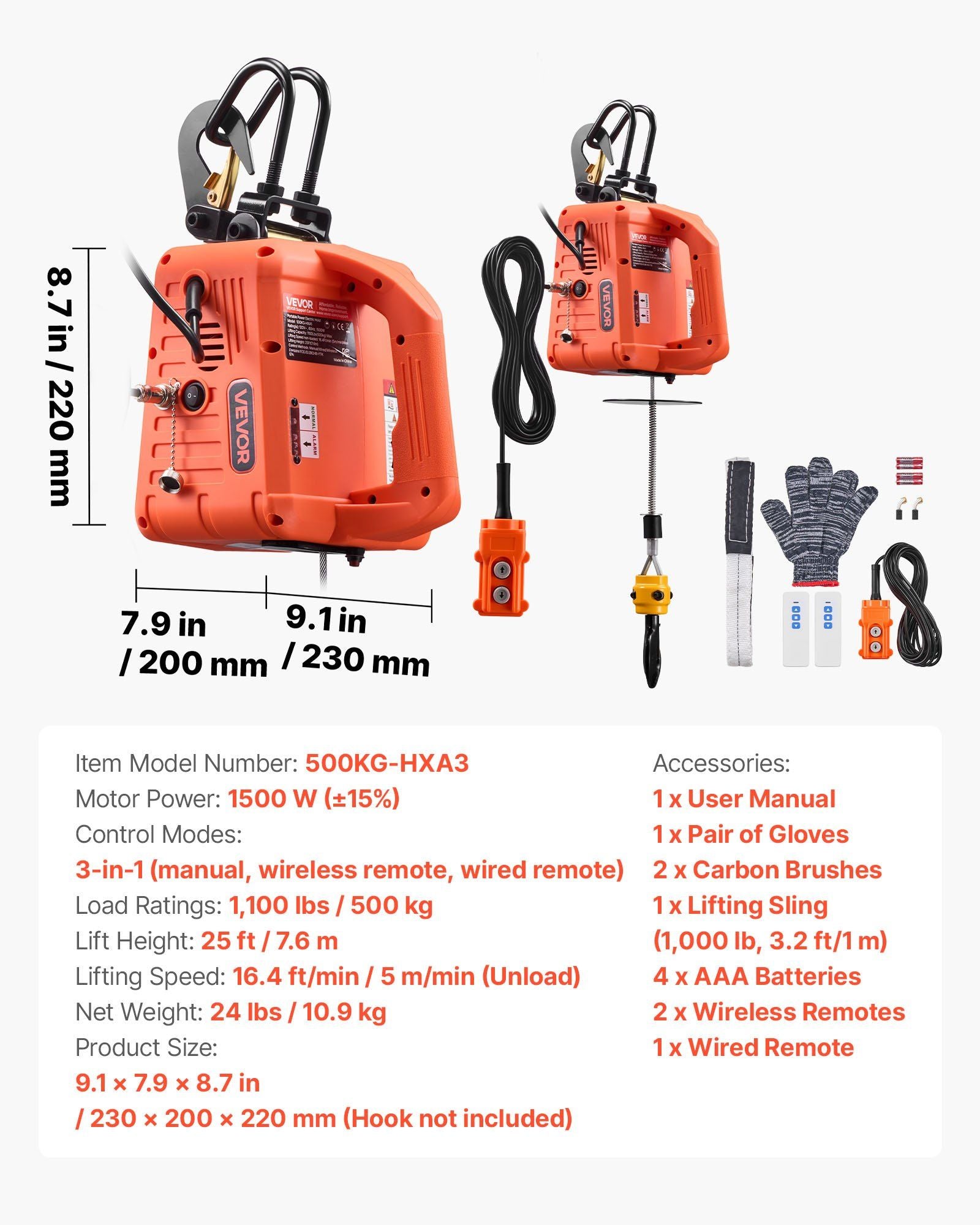 3-in-1 Electric Hoist Winch, 500 kg Capacity, 1500W Portable Electric Power Winch, 7.6 m Lifting Height, 5 m/min with Manual, Wired & Wireless Remote Control for Factory, Warehouss, Garage