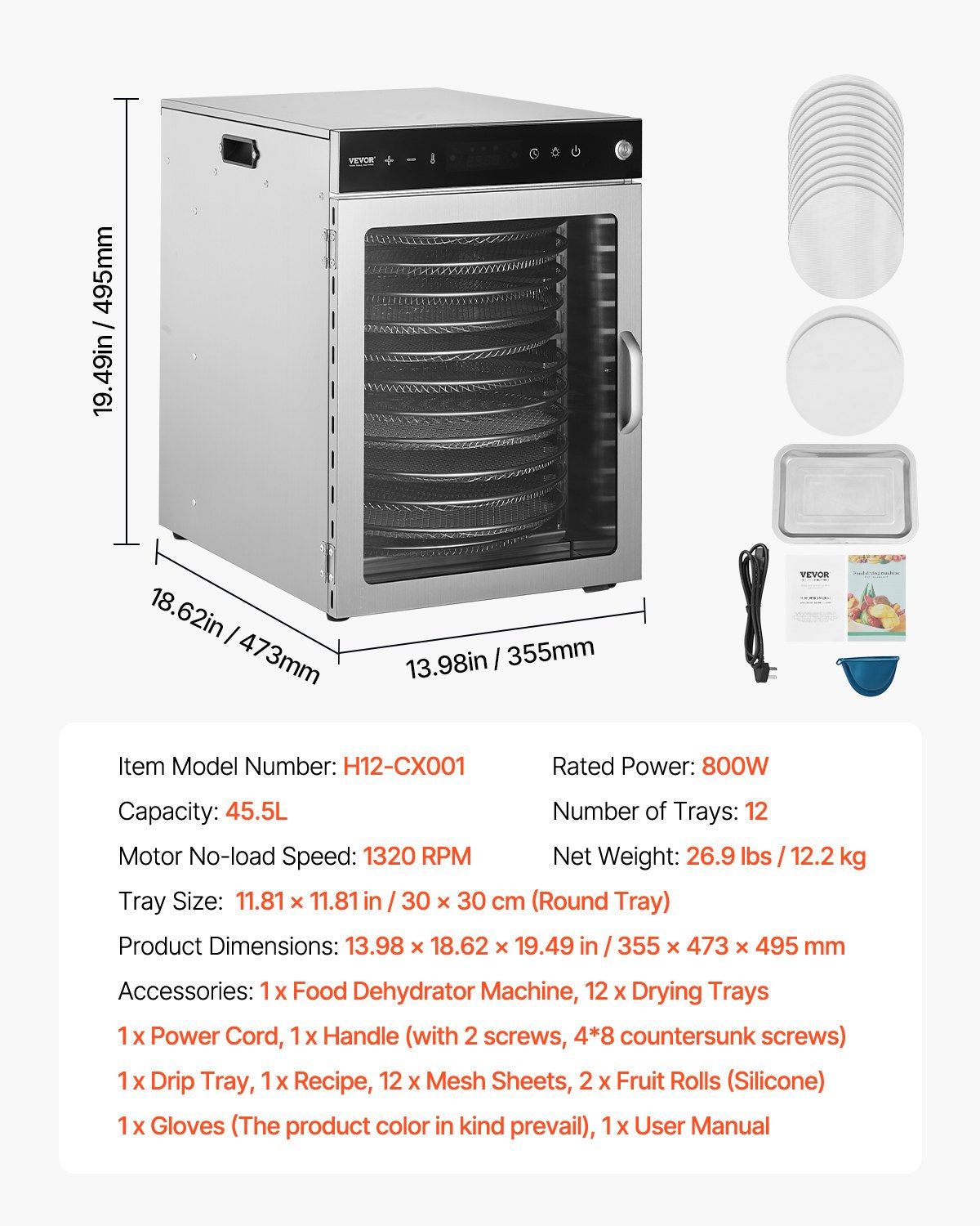 VEVOR 12 Trays Rotary Food Dehydrator Machine Stainless Steel 800W Fruit Drying