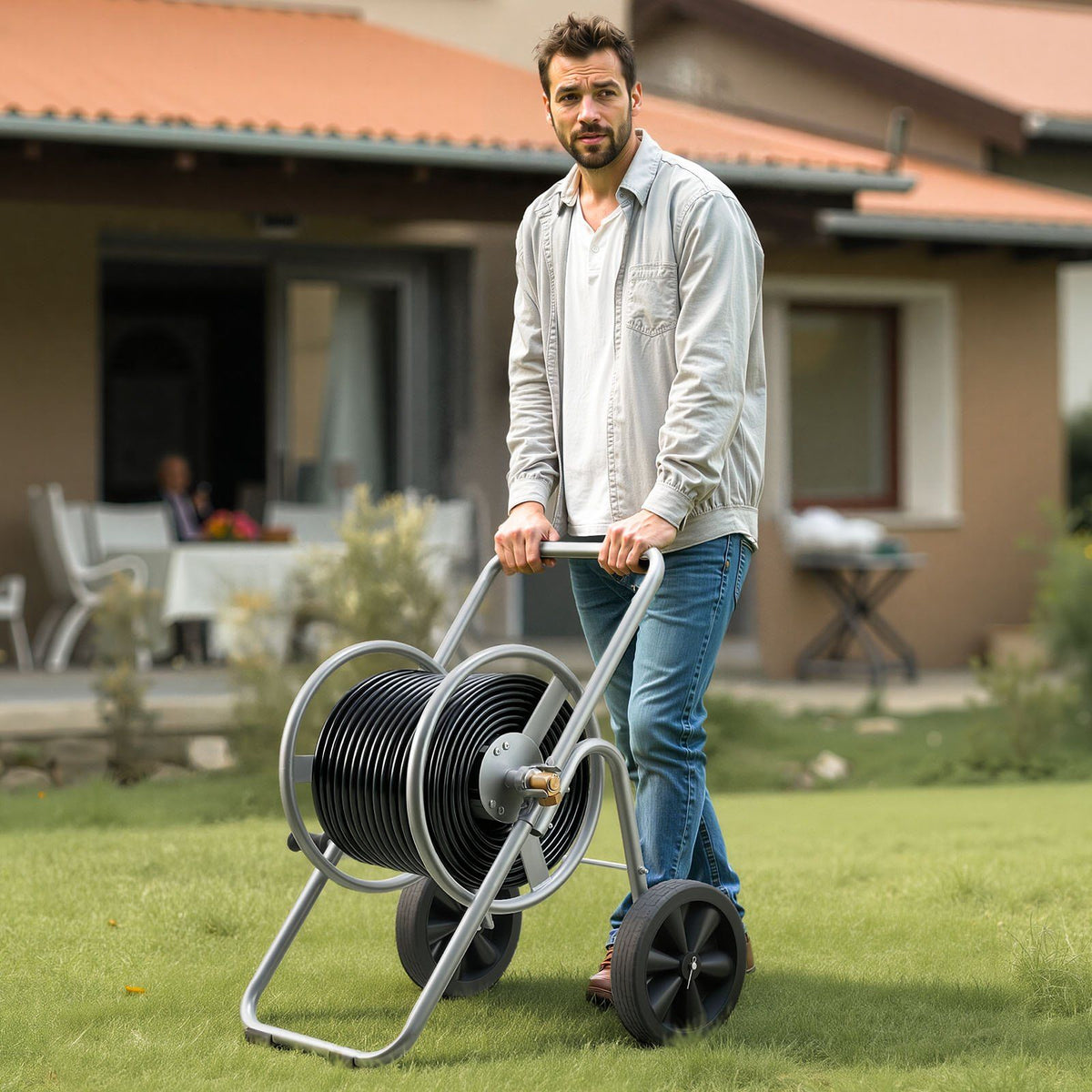 Water Hose Reel Cart, 6096/9144 cm High-Pressure Garden Hose Cart, Hoses Reel Carts with Two Wheels, Handle & Heavy-Duty Mesh Storage Basket, Portable Hoses Reels for Garden, Car, Pet Washing
