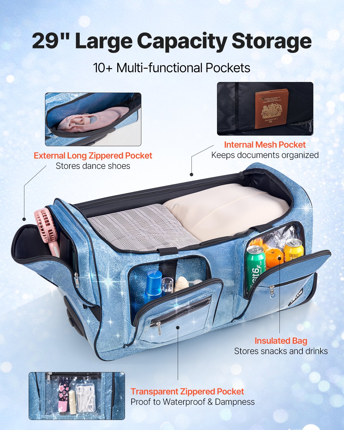 VEVOR Dance Bag with Garment Rack, 736.6 mm Rolling Dance Duffel, with Wheels, USB Port, Height Adjustable Clothes Rack, Privacy Protection Curtain, Ideal for Travel and Competitions, Sparkling Blue