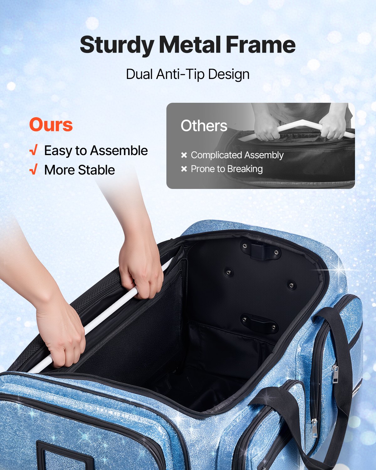 VEVOR Dance Bag with Garment Rack, 736.6 mm Rolling Dance Duffel, with Wheels, USB Port, Height Adjustable Clothes Rack, Privacy Protection Curtain, Ideal for Travel and Competitions, Sparkling Blue