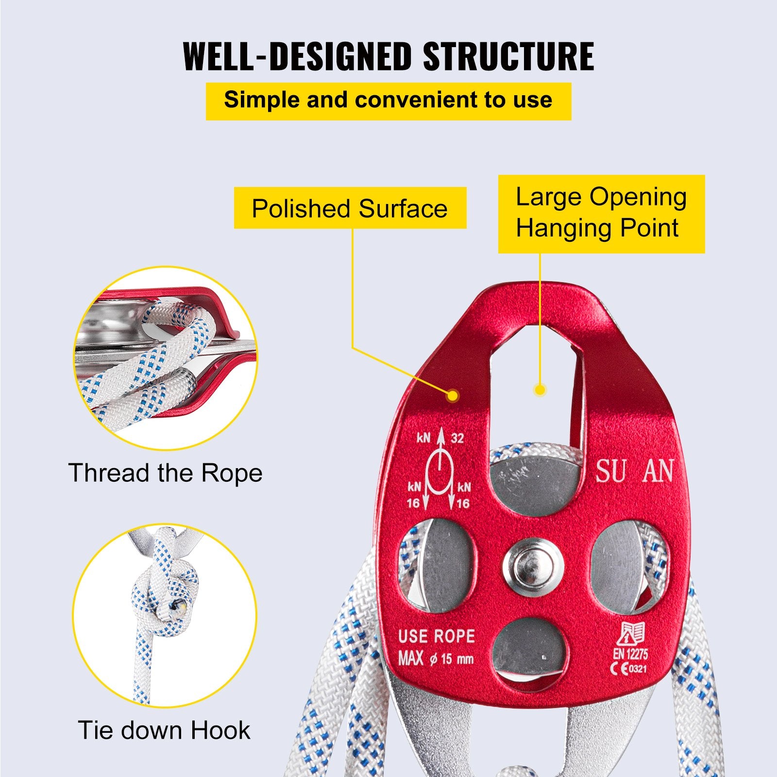 VEVOR Twin Sheave Block and Tackle 1.09-1.27cm 3048-6096cm Twin Sheave Block with Braid Rope 30-35KN 2994-3495KGS Double Pulley Rigging (1/2" x 200')