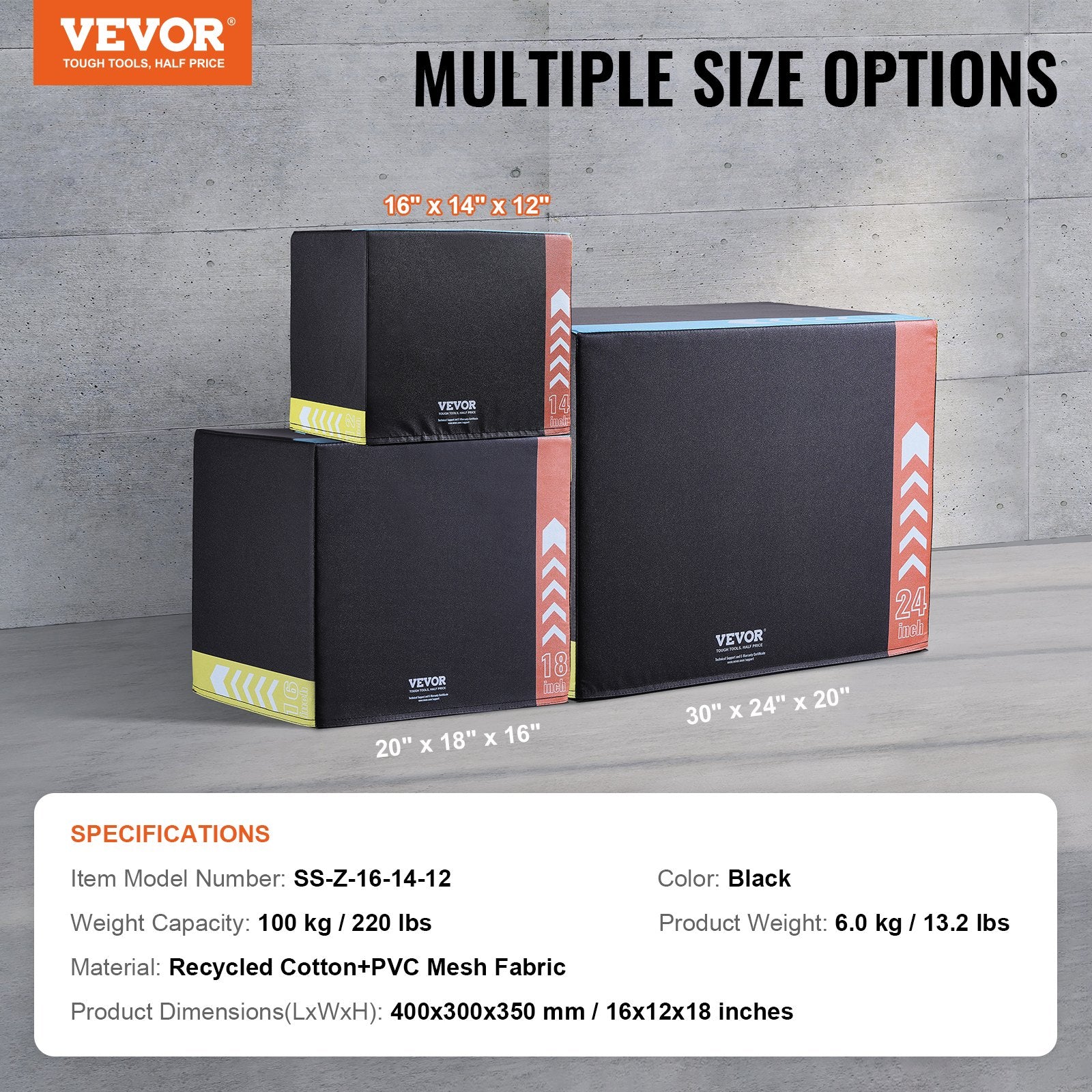 VEVOR 3 in 1 Plyometric Jump Box, 16/14/12 Inch Cotton Plyo Box, Platform & Jumping Agility Box, Anti-Slip Fitness Exercise Step Up Box for Home Gym Training, Conditioning Strength Training, Black
