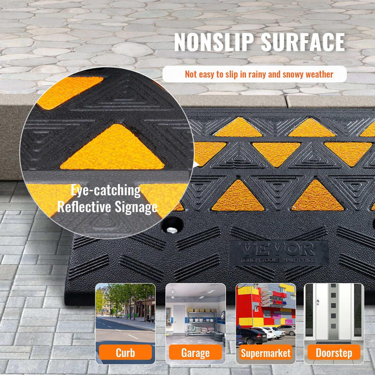 VEVOR Rubber Curb Ramp 15.2 cm Rise Height Sidewalk Curb Ramp, 37 cm Width 49.1 cm Length Driveway Ramp for Curb, 15T Heavy Duty Rubber Ramp for Forklifts, Trucks, Buses, Cars, Wheelchairs, Bikes