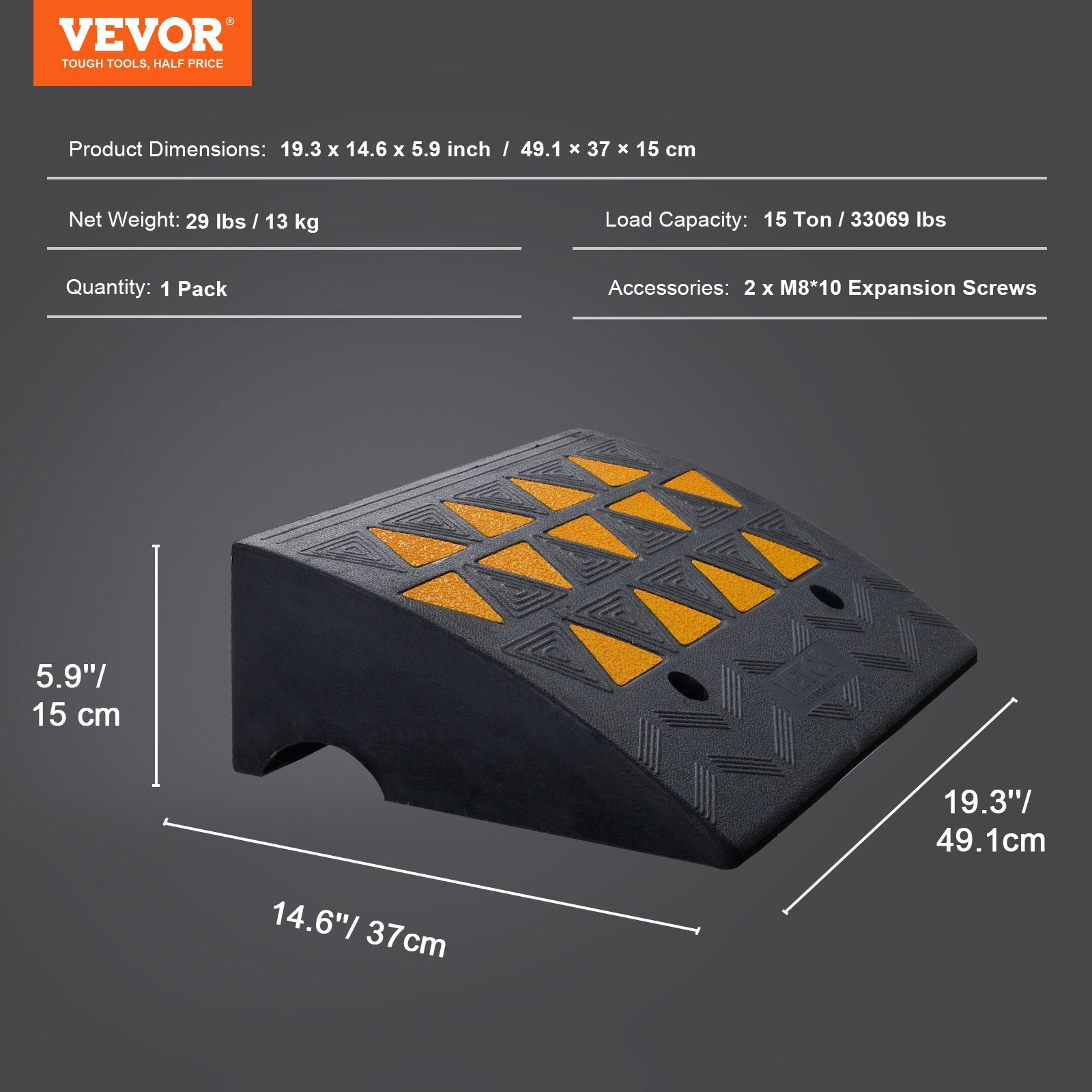 VEVOR Rubber Curb Ramp 15.2 cm Rise Height Sidewalk Curb Ramp, 37 cm Width 49.1 cm Length Driveway Ramp for Curb, 15T Heavy Duty Rubber Ramp for Forklifts, Trucks, Buses, Cars, Wheelchairs, Bikes