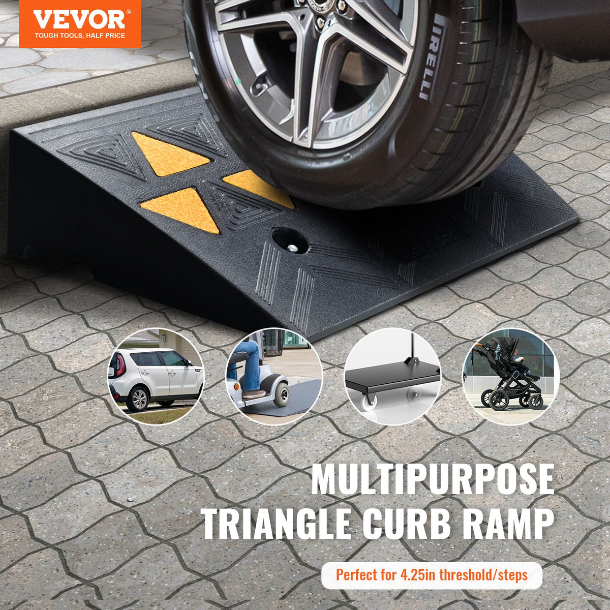 VEVOR Rubber Curb Ramp 10.8 cm Rise Height Sidewalk Curb Ramp, 30 cm Width 50 cm Length Driveway Ramp for Curb, 15T Heavy Duty Rubber Ramp for Forklifts, Trucks, Buses, Cars, Wheelchairs, Bikes