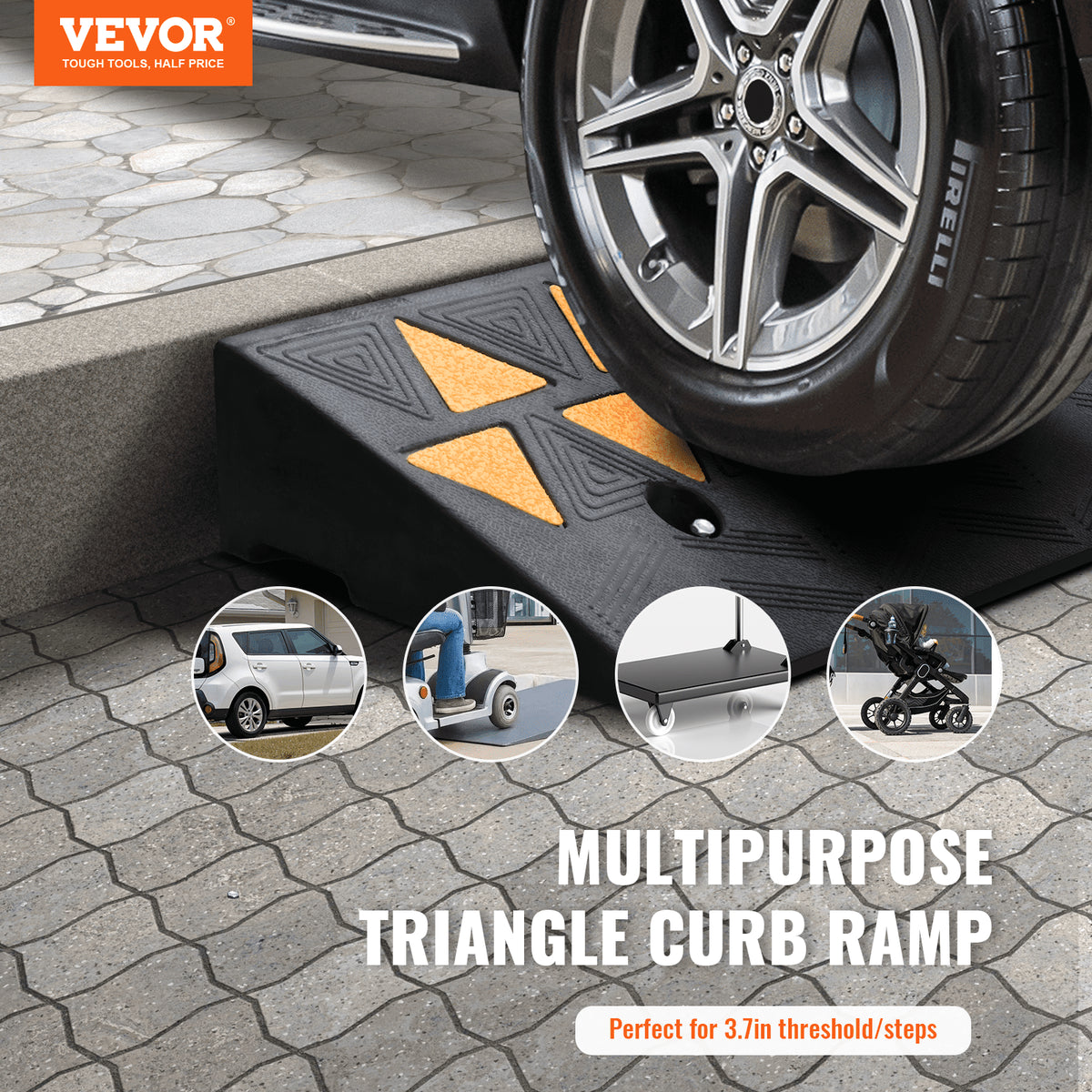 VEVOR Rubber Curb Ramp 9.4 cm Rise Height Sidewalk Curb Ramp, 25 cm Width 100 cm Length Driveway Ramp for Curb, 15T Heavy Duty Rubber Ramp for Forklifts, Trucks, Buses, Cars, Wheelchairs, Bikes