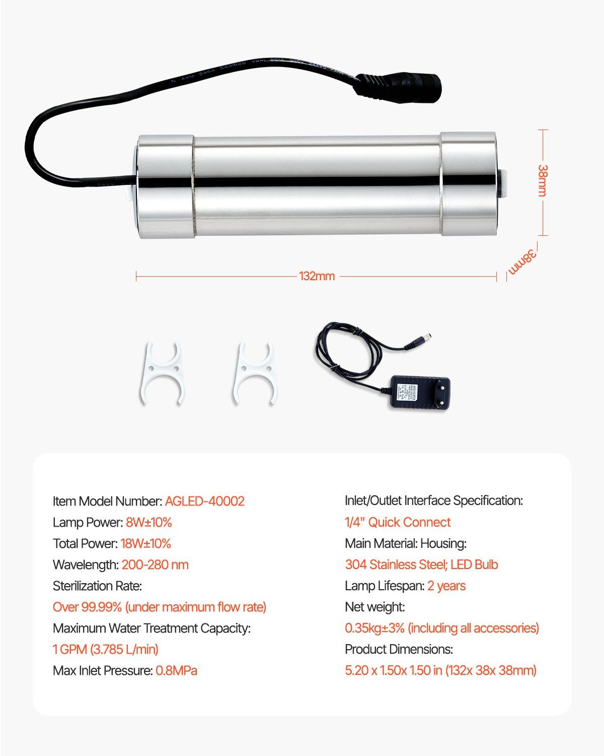 UV Water Purifier, 8W 1GPM, 220V Versatile Ultraviolet Water Purifier Filter with Stainless Steel Housing, Whole House UV Water Filter with Quartz Sleeve Fit for Shower/Drinking/Cleaning