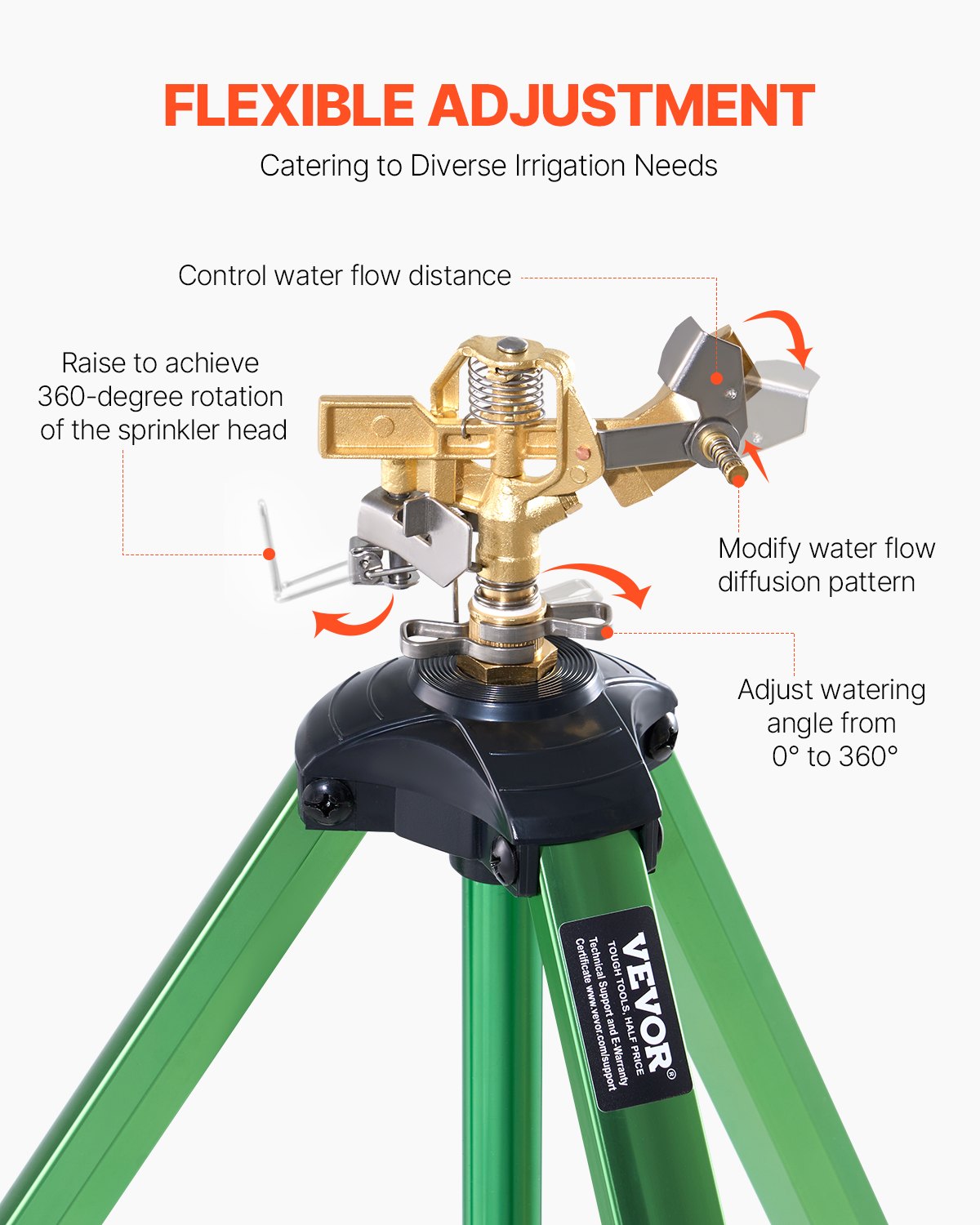 VEVOR Impact Sprinkler on Tripod Base, 2 Packs, Heavy Duty Tripod Sprinklers with Brass Head & G3/4" Connector, 360 Degree Large Area Irrigation Sprinkler, Adjustable Heights Sprinkler for Yard