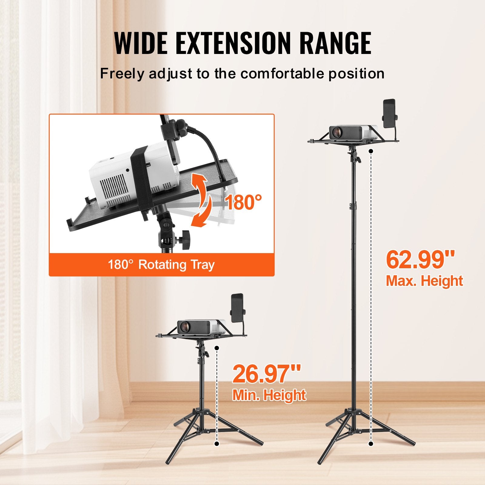 VEVOR Projector Stand Laptop Stand Tripod Adjustable Height from 26.97 to 63 in