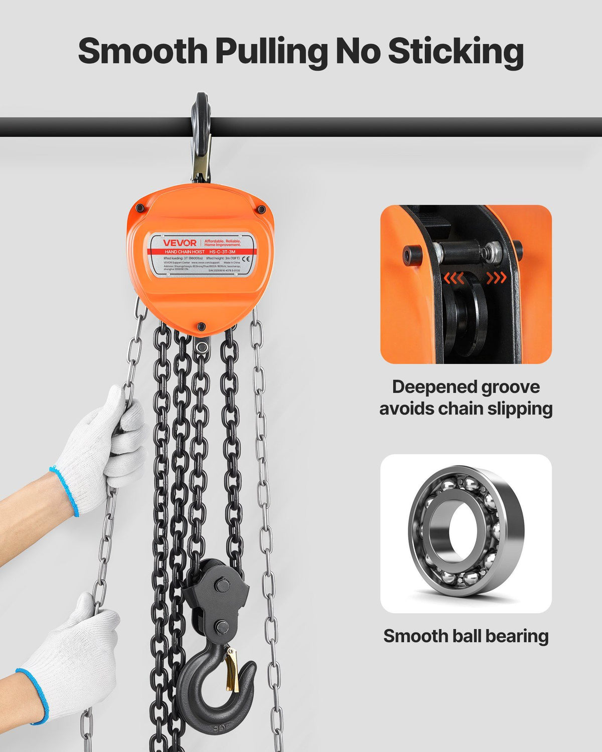 Hand Chain Hoist, 3 Ton Capacity, Manual Chain Block with Upgrade G80 Galvanized Chain, 3 m Lifting Height, Heavy Duty Pulley Hoist for Garage Warehouse Automotive Machinery, Orange
