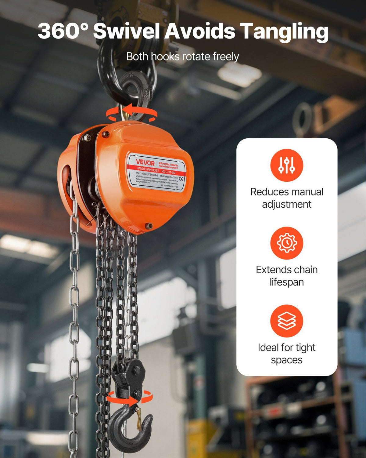 Hand Chain Hoist, 3 Ton Capacity, Manual Chain Block with Upgrade G80 Galvanized Chain, 3 m Lifting Height, Heavy Duty Pulley Hoist for Garage Warehouse Automotive Machinery, Orange