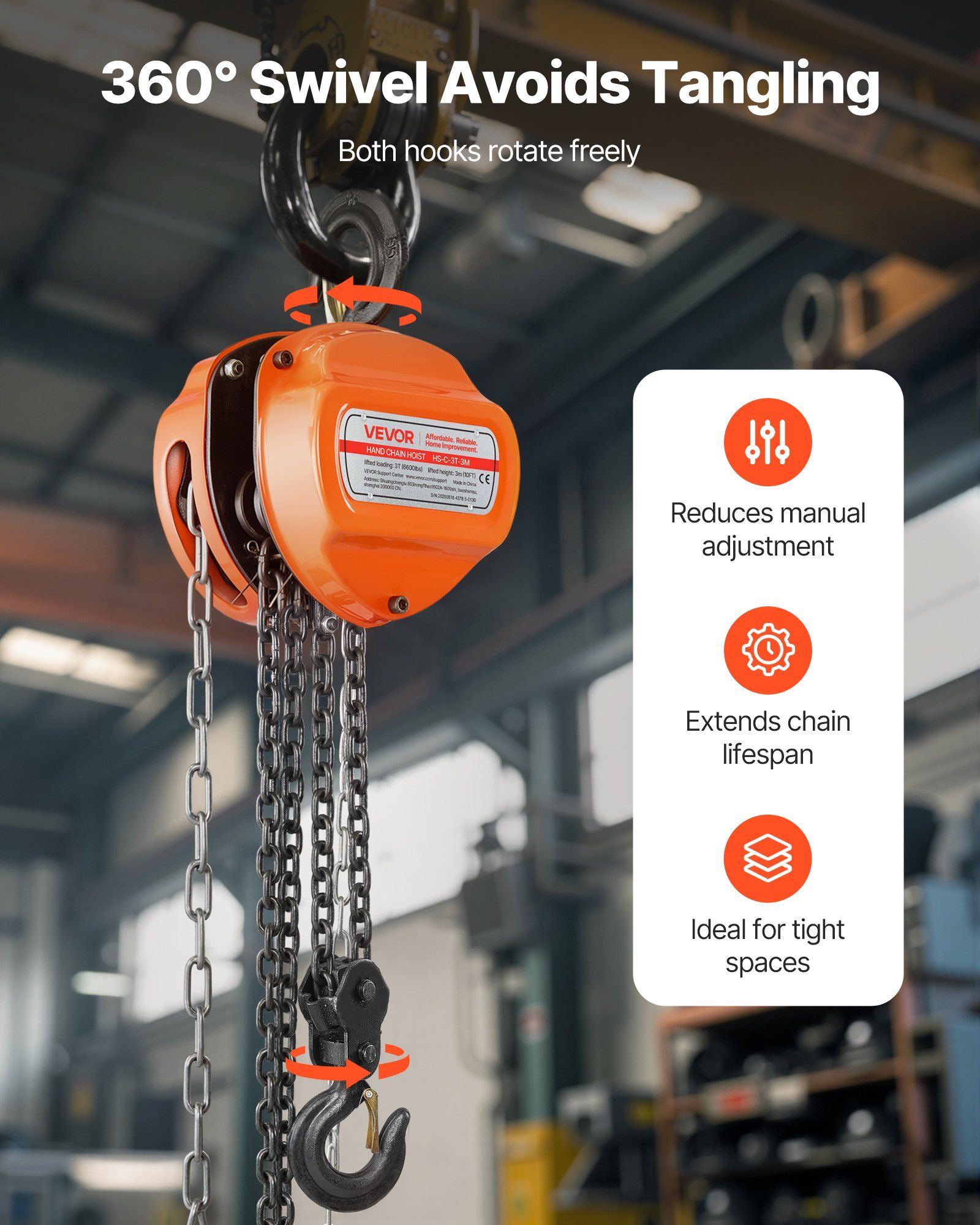 Hand Chain Hoist, 3 Ton Capacity, Manual Chain Block with Upgrade G80 Galvanized Chain, 3 m Lifting Height, Heavy Duty Pulley Hoist for Garage Warehouse Automotive Machinery, Orange