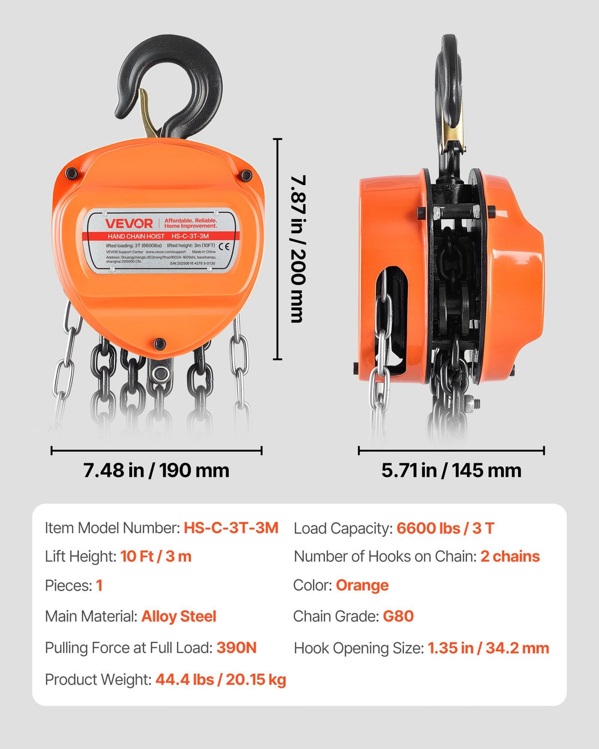 Hand Chain Hoist, 3 Ton Capacity, Manual Chain Block with Upgrade G80 Galvanized Chain, 3 m Lifting Height, Heavy Duty Pulley Hoist for Garage Warehouse Automotive Machinery, Orange