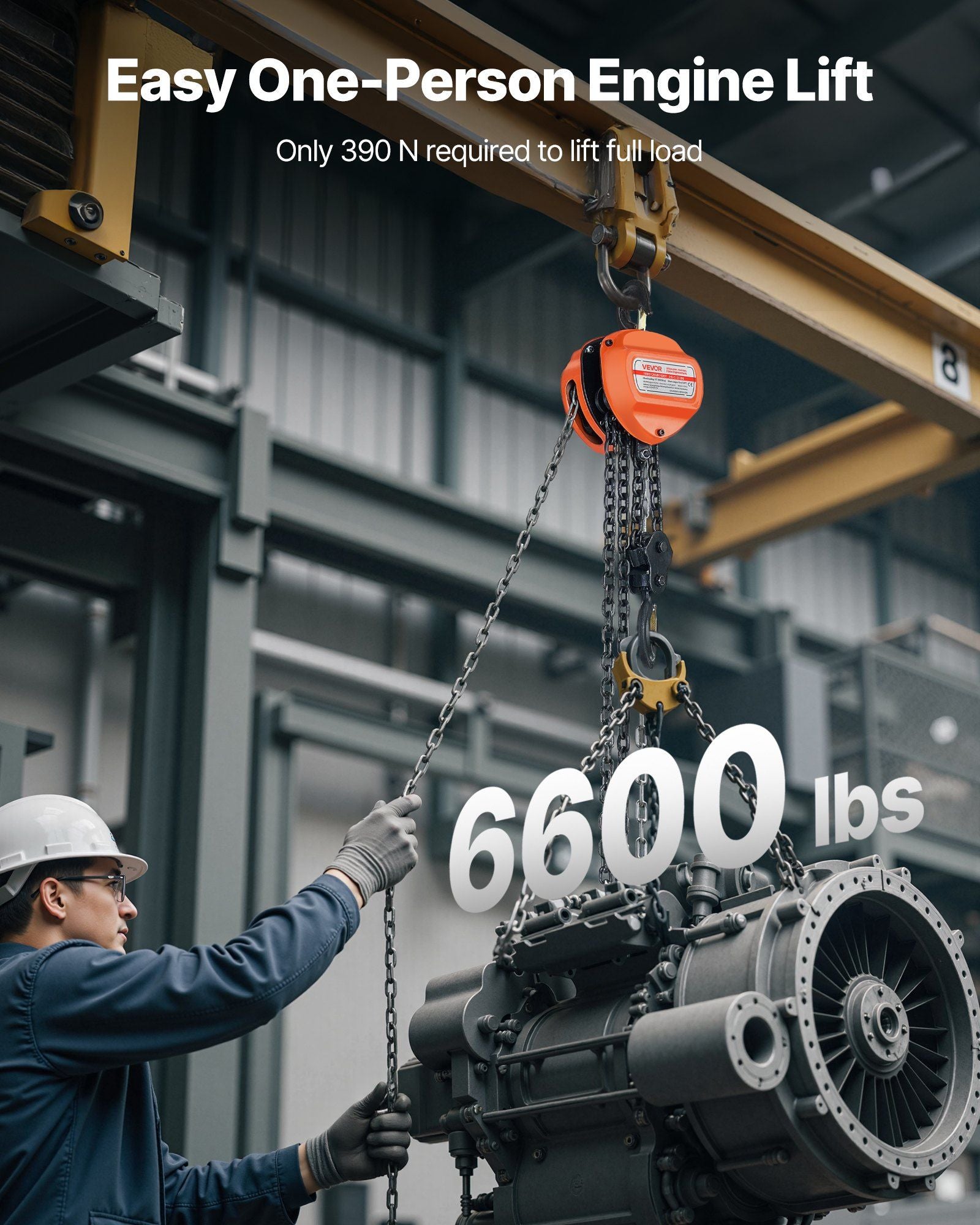 Hand Chain Hoist, 3 Ton Capacity, Manual Chain Block with Upgrade G80 Galvanized Chain, 6 m Lifting Height, Heavy Duty Pulley Hoist for Garage Warehouse Automotive Machinery, Orange