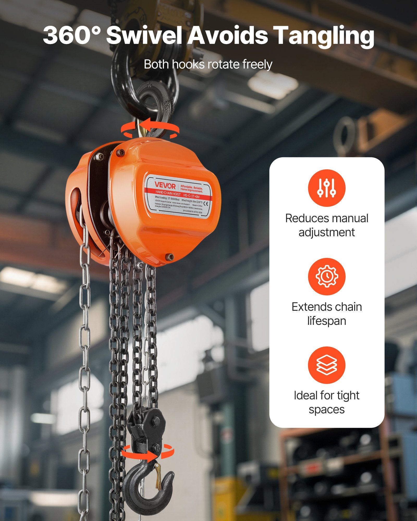 Hand Chain Hoist, 3 Ton Capacity, Manual Chain Block with Upgrade G80 Galvanized Chain, 6 m Lifting Height, Heavy Duty Pulley Hoist for Garage Warehouse Automotive Machinery, Orange