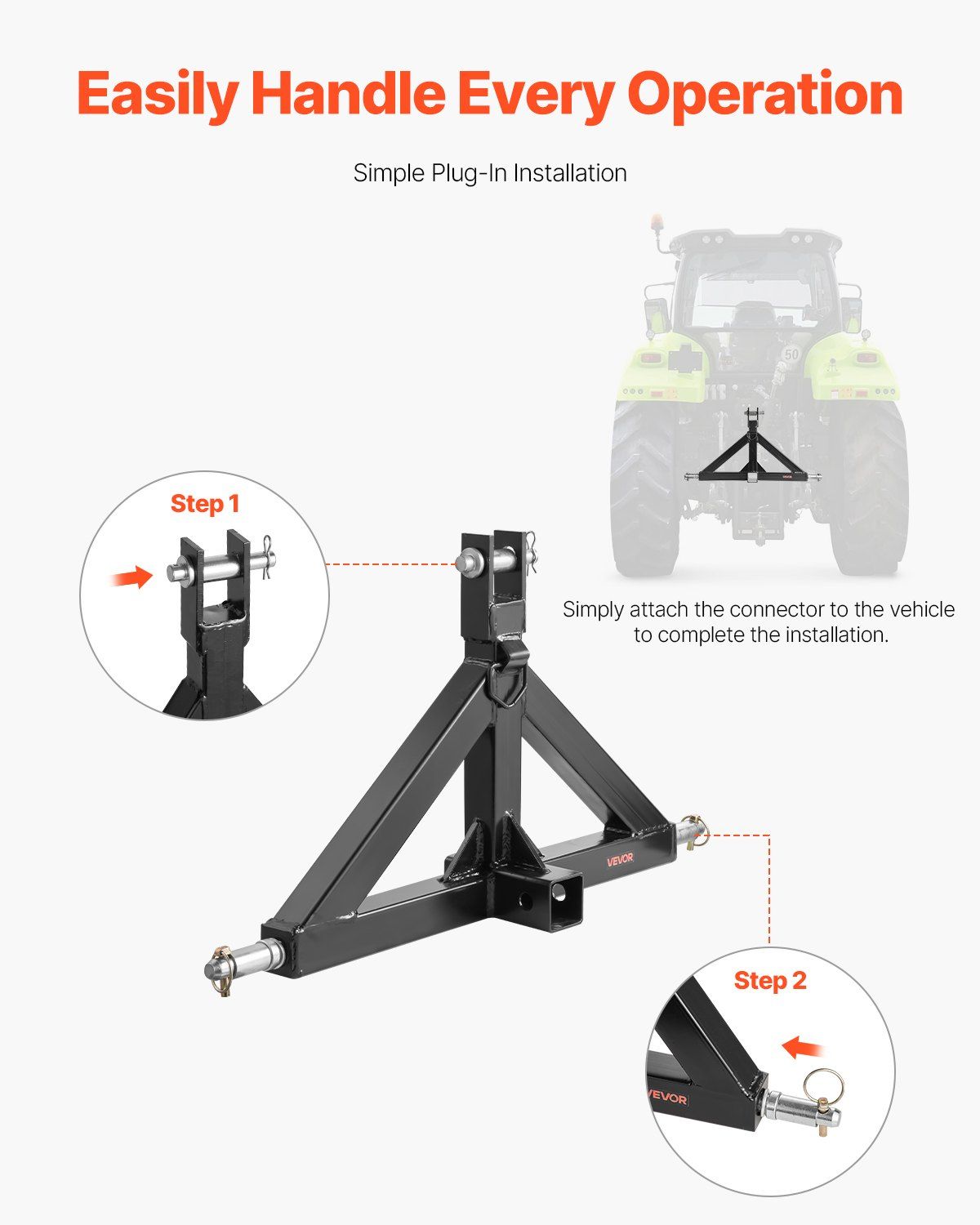 3 Point Hitch Receiver with 2 in Receiver, 3pt Quick Hitch Attachment, 3,000 lbs Capacity, Heavy Duty Tractor Tow Drawbar Adapter, Compatible with Kubota, Mahindra, John Deere, Massey Ferguson