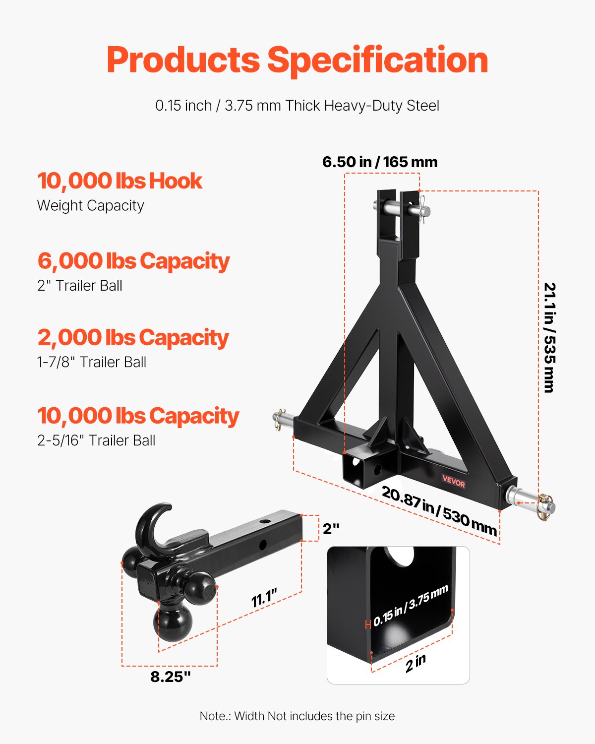 VEVOR 3 Point Trailer Hitch 2 in Receiver, 3pt Quick Hitch Attachment with 3 Trailer Balls, Tractor Tow Drawbar Adapter, Compatible with Kubota, Mahindra, Ford, Yanmar, John Deere, Massey Ferguson