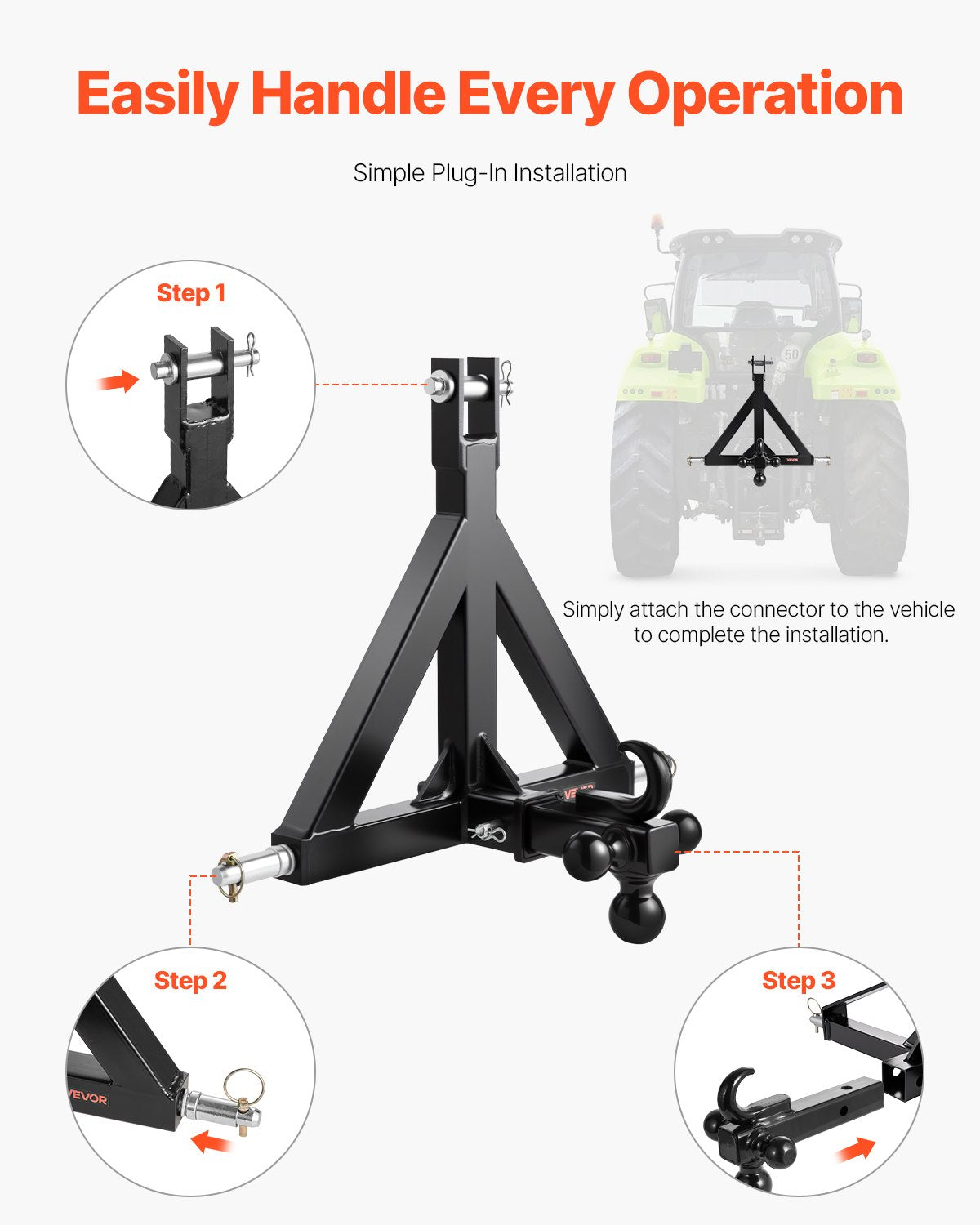 VEVOR 3 Point Trailer Hitch 2 in Receiver, 3pt Quick Hitch Attachment with 3 Trailer Balls, Tractor Tow Drawbar Adapter, Compatible with Kubota, Mahindra, Ford, Yanmar, John Deere, Massey Ferguson