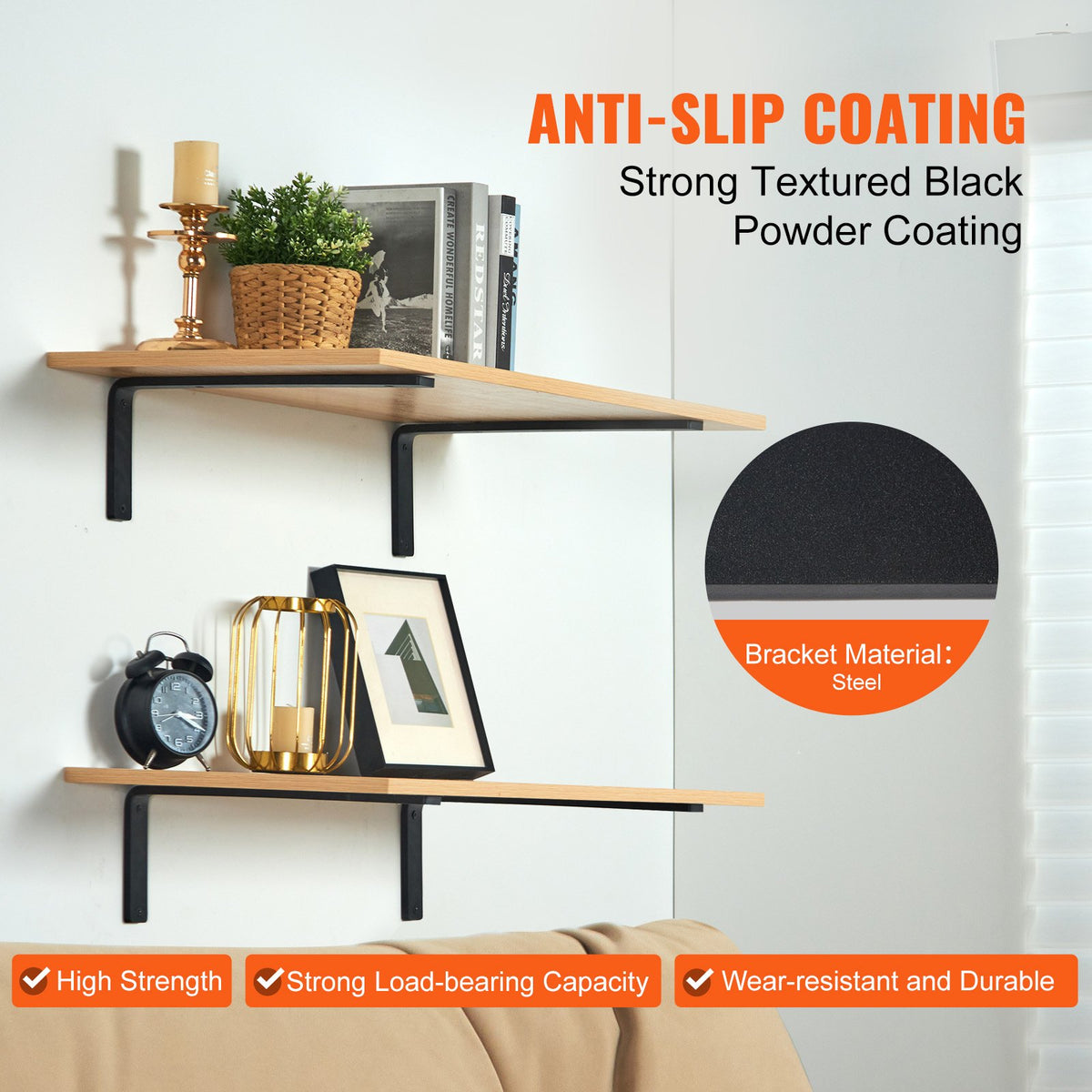 VEVOR Shelf Bracket, Heavy Duty Floating Shelf Brackets 25.6 x 15.5 cm, 4 Pcs Brackets for Shelves, 5mm Thick Matte Black L Shelf Bracket,Steel Shelving Brackets with 72.6 kg Load Capacity