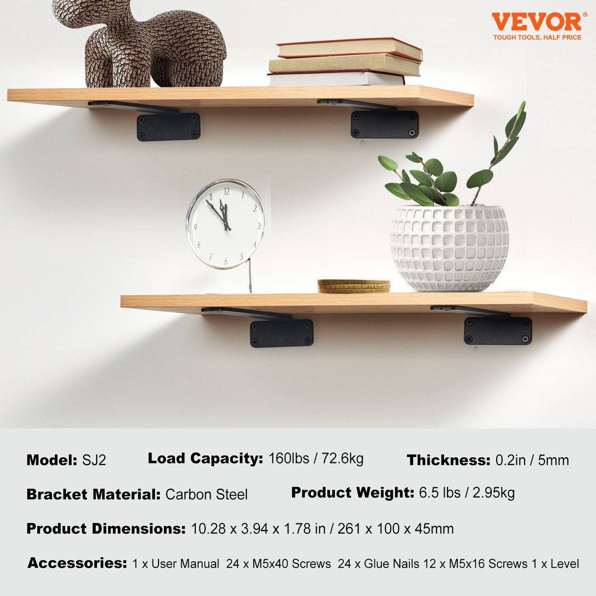 Shelf Bracket, 26.1cmL x 10cmW x 4.5cmH, 6 Pcs Heavy Duty Floating Shelf Brackets, Brackets for Shelves, 5mm Thick Matte Black L Shelf Bracket,Steel Shelving Brackets with 72.6 kg Load Capacity