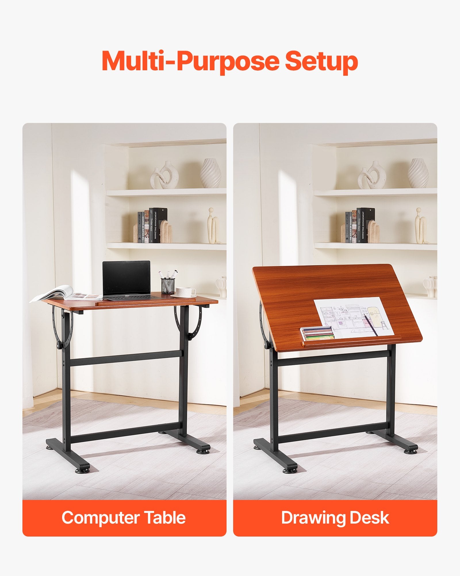 VEVOR Drafting Table Adjustable 0°–90° Tilt Wooden Drawing Desk with H-Frame