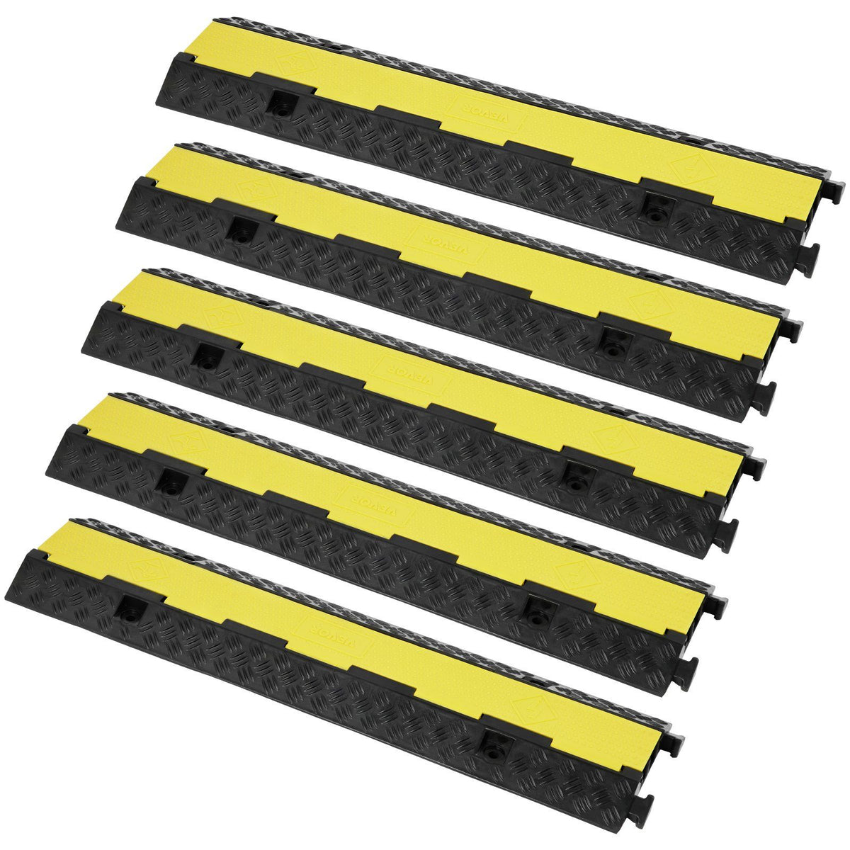 5 PCs Rubber Cable Protector Ramp, 2 Channel, 12000 lbs/axle Capacity Heavy Duty Hose Wire Cover Ramp Driveway, Traffic Speed Bump with Flip-Open Top Cover &amp; 50 ft Warning Tape, for Indoor&amp;Outdo