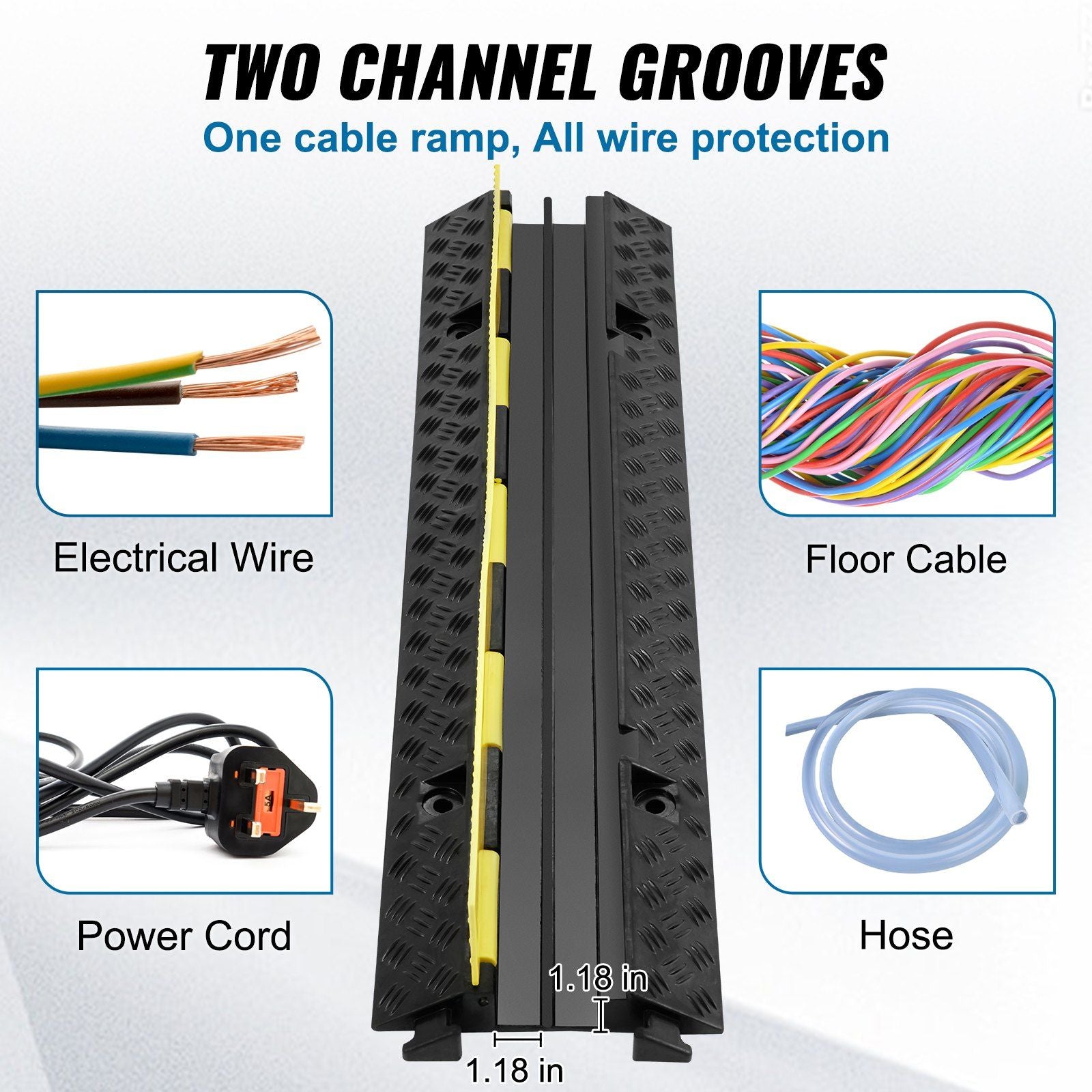 5 PCs Rubber Cable Protector Ramp, 2 Channel, 12000 lbs/axle Capacity Heavy Duty Hose Wire Cover Ramp Driveway, Traffic Speed Bump with Flip-Open Top Cover & 50 ft Warning Tape, for Indoor&Outdo