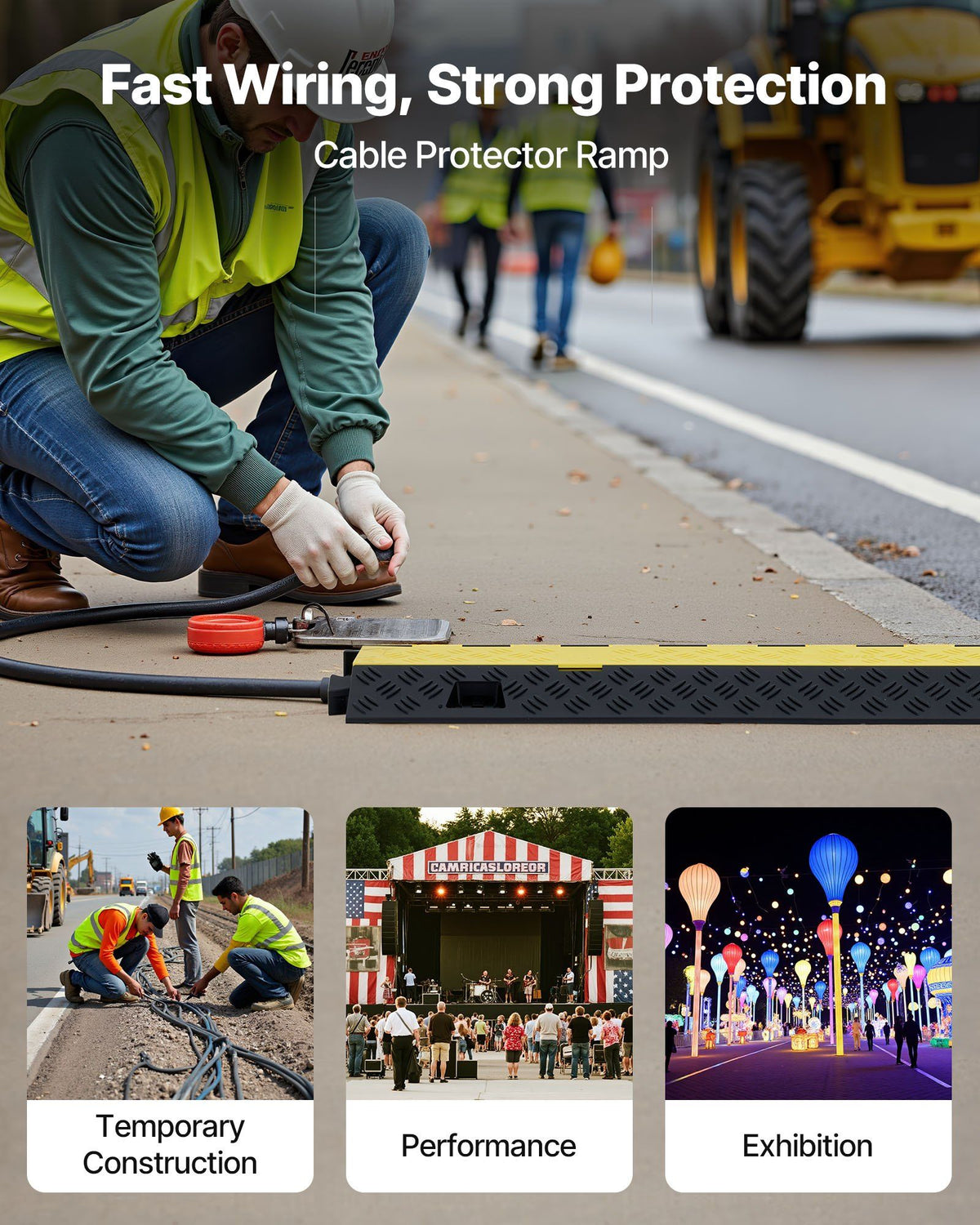 Cable Protector Ramp, 9,979 kg/axle Capacity, 2 Channel Heavy Duty TPU Cord Hose Wire Cover, 31 x 28 mm Channel, Traffic Speed Bump with Flip-Open Top Cover, for Indoor & Outdoor Use, 3 Pack