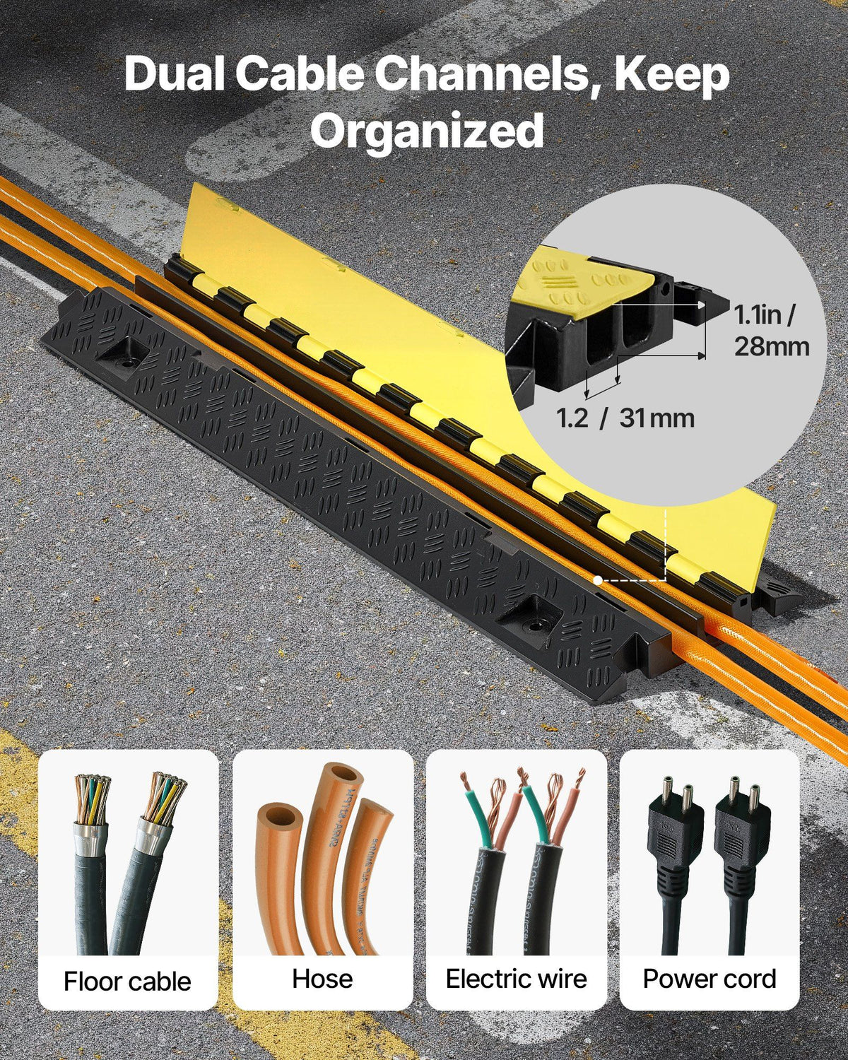 Cable Protector Ramp, 9,979 kg/axle Capacity, 2 Channel Heavy Duty TPU Cord Hose Wire Cover, 31 x 28 mm Channel, Traffic Speed Bump with Flip-Open Top Cover, for Indoor & Outdoor Use, 3 Pack
