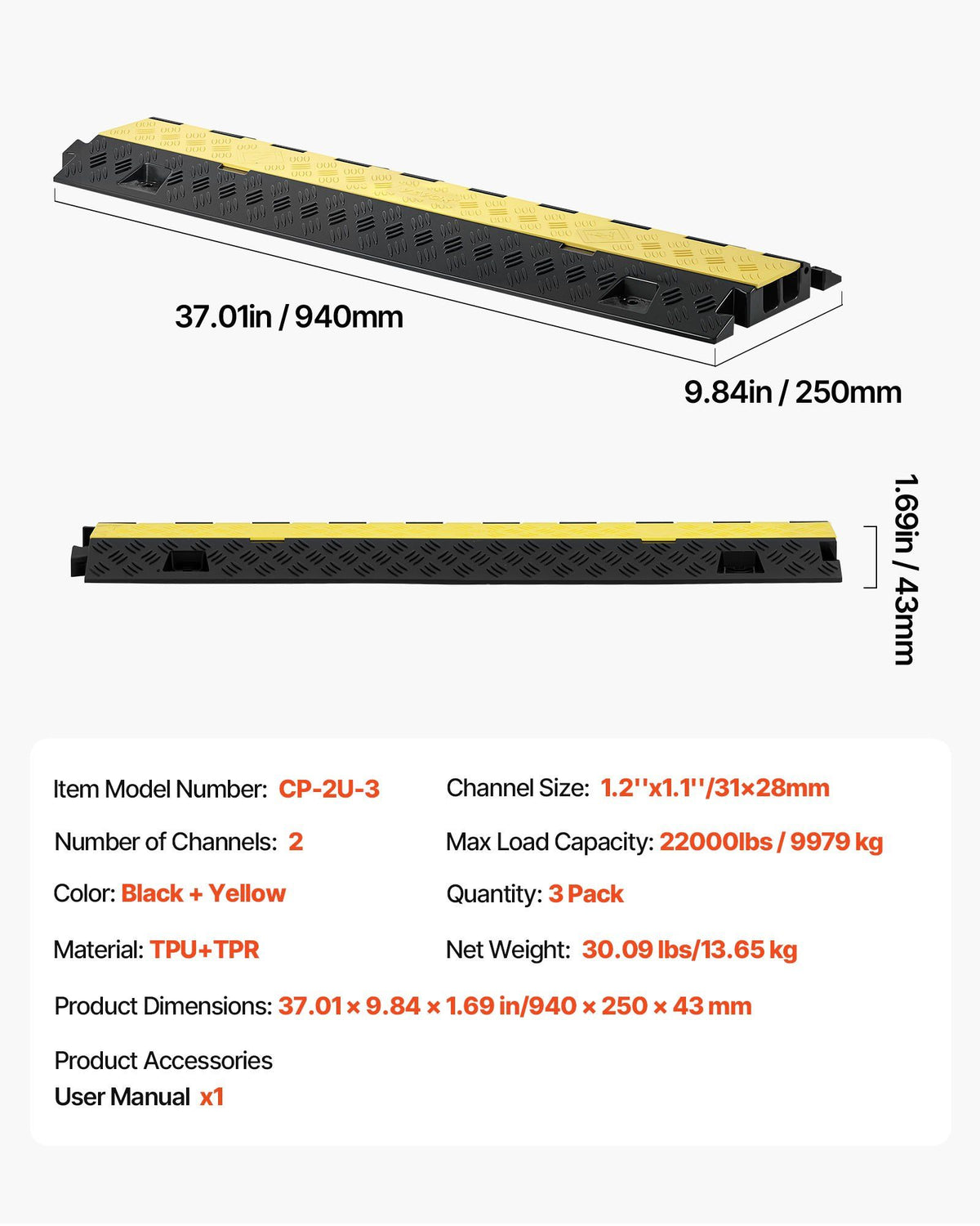 Cable Protector Ramp, 9,979 kg/axle Capacity, 2 Channel Heavy Duty TPU Cord Hose Wire Cover, 31 x 28 mm Channel, Traffic Speed Bump with Flip-Open Top Cover, for Indoor & Outdoor Use, 3 Pack