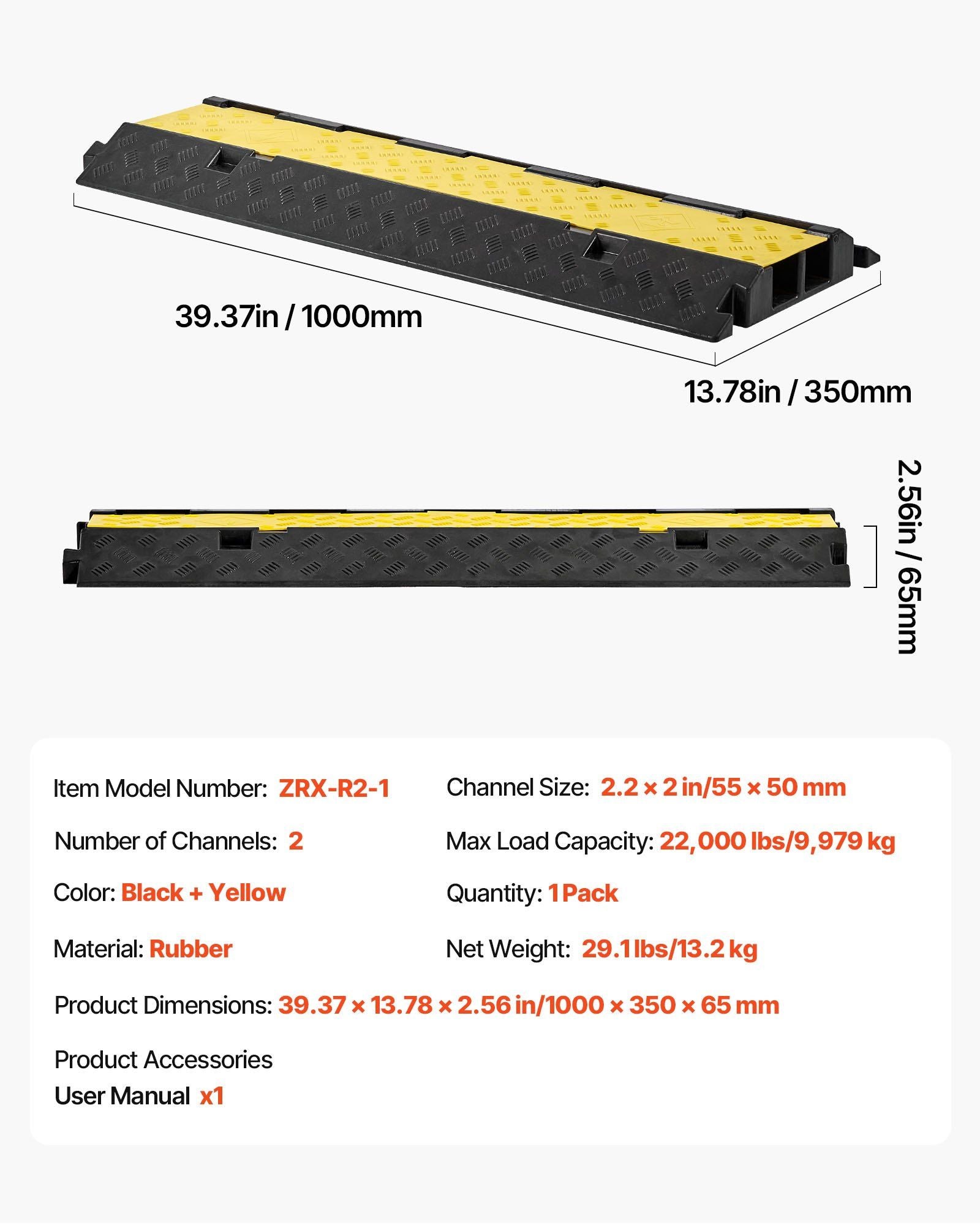 Cable Protector Ramp, 9,979 kg/axle Capacity, 2 Channel Heavy Duty Rubber Cord Hose Wire Cover, 55 x 50 mm Channel, Traffic Speed Bump with Flip-Open Top Cover, for Indoor Outdoor Use, 1 Pack