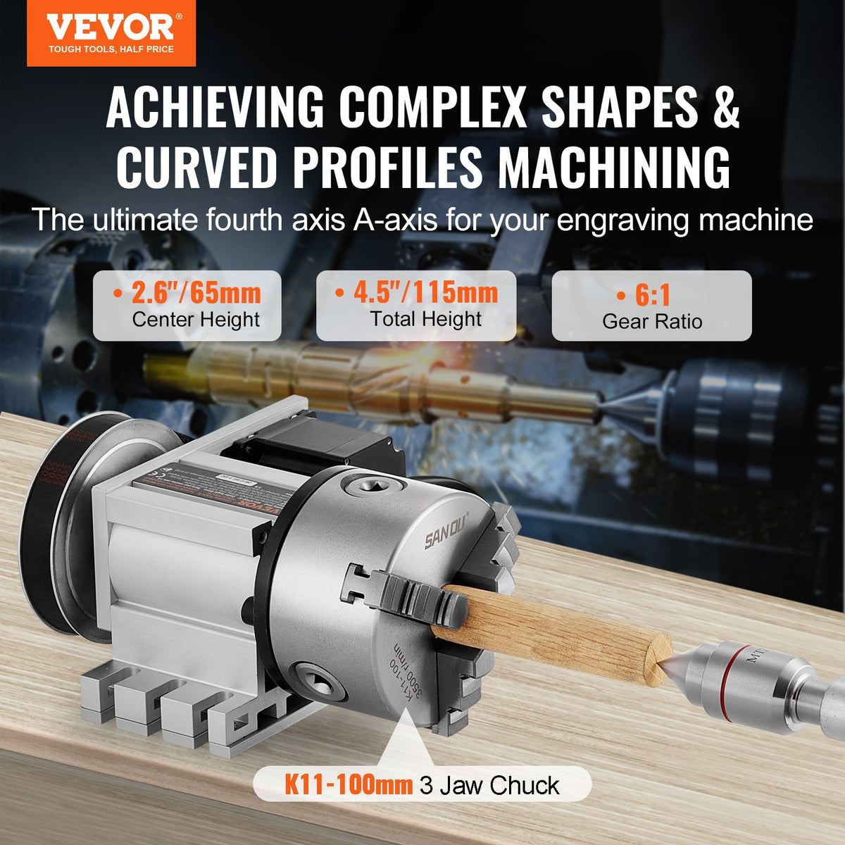 VEVOR Dividing Head, K11-100mm 3-Jaw Chuck, CNC Router Milling Machine Rotational Axis 4th Axis A Axis Indexing Head, 65 mm Center Height MT2 Tailstock 6:1 Gear Ratio, Universal for Engraving