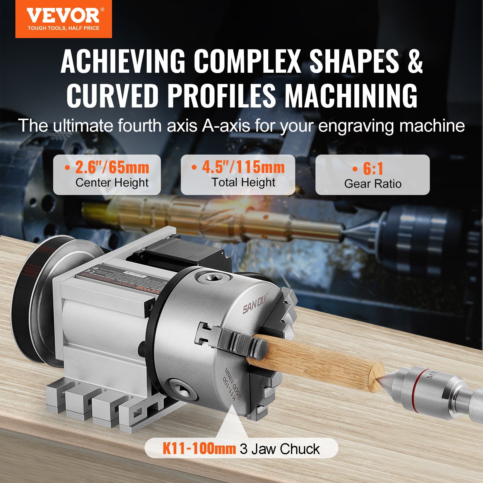 VEVOR Dividing Head, K11-100mm 3-Jaw Chuck, CNC Router Milling Machine Rotational Axis 4th Axis A Axis Indexing Head, 65 mm Center Height MT2 Tailstock 6:1 Gear Ratio, Universal for Engraving