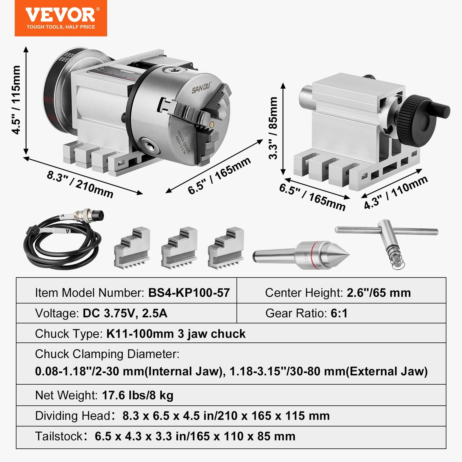 VEVOR Dividing Head, K11-100mm 3-Jaw Chuck, CNC Router Milling Machine Rotational Axis 4th Axis A Axis Indexing Head, 65 mm Center Height MT2 Tailstock 6:1 Gear Ratio, Universal for Engraving