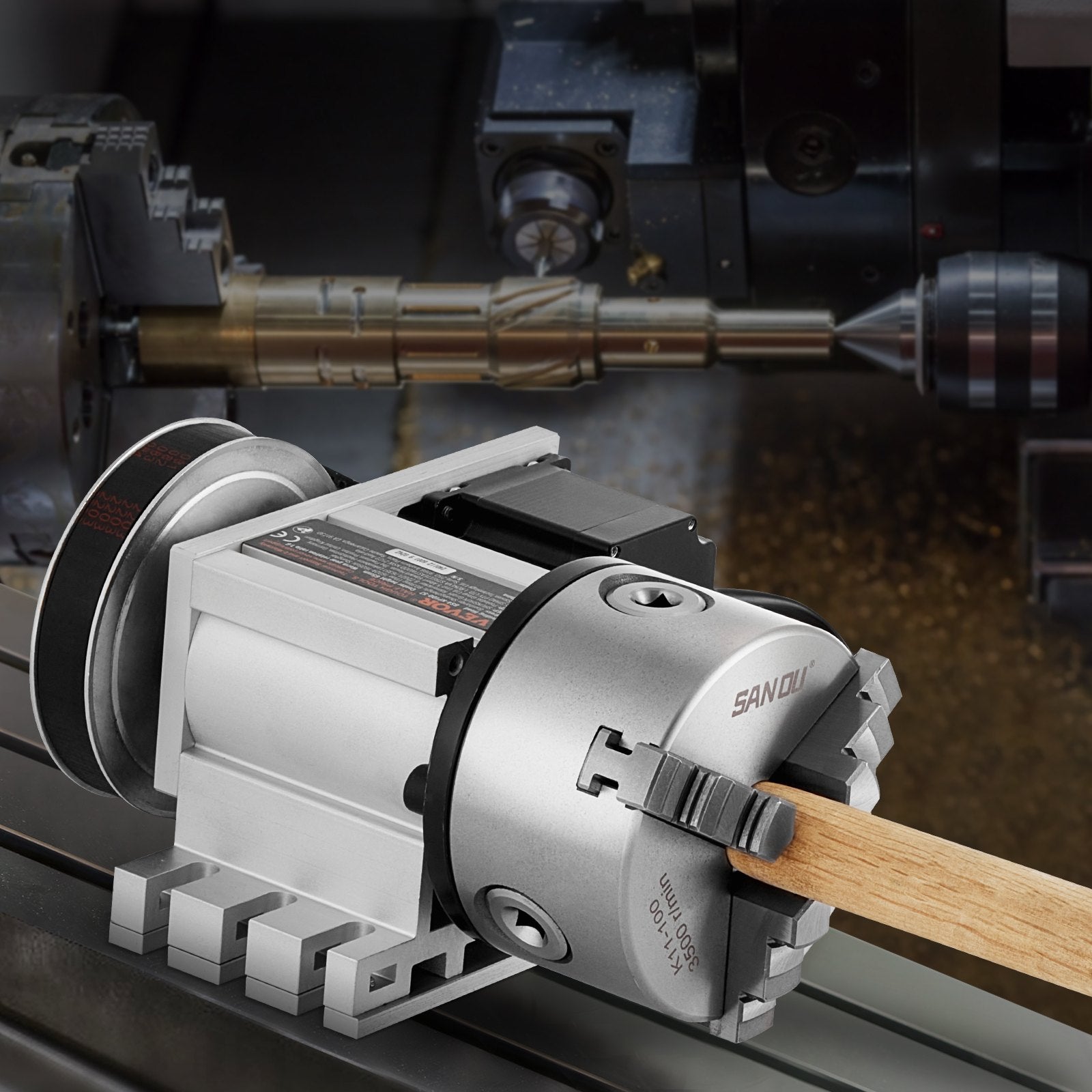 VEVOR Dividing Head, K11-100mm 3-Jaw Chuck, CNC Router Milling Machine Rotational Axis 4th Axis A Axis Indexing Head, 65 mm Center Height MT2 Tailstock 6:1 Gear Ratio, Universal for Engraving