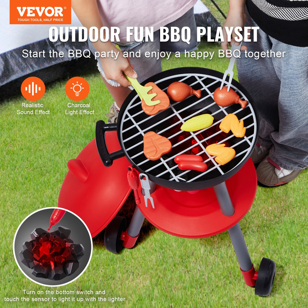 VEVOR 28 PCS BBQ Grill Playset, Kids Toys Kitchen Playset with Sound & Light, Little Chef Play, Interactive Grill Play Food Cooking Playset Barbecue Toy Grill for Toddlers Boys Girls 3-5 Birthday Gift