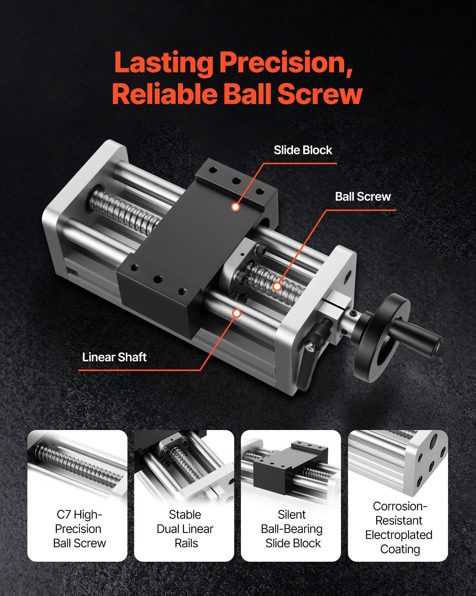 Linear Stage Actuator, 100 mm Effective Stroke, Ball Screw CNC Linear Motion Guide Rail, Double Optical Axis, C7 High-Precision, Bearing Slide Block, Manual Handwheel, for CNC Router X Y Z Axis