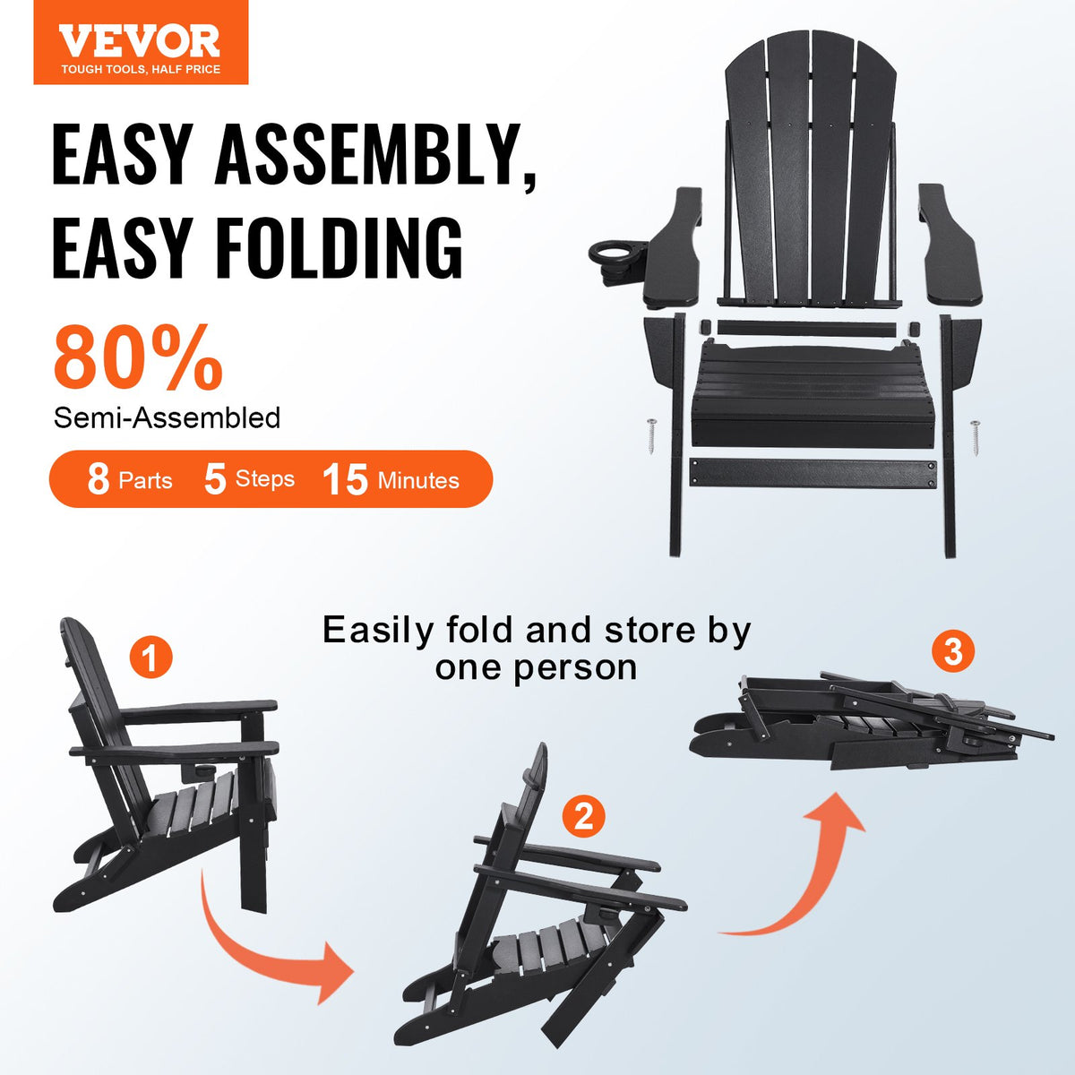 VEVOR Adirondack Chair Plastic, Set of 2 All-Weather Portable Folding Fire Pit Chair, Outdoor Adirondack Patio Chair with Cup Holder, with Relaxing Arm Rest Ergonomic, for Garden, Backyard - Black
