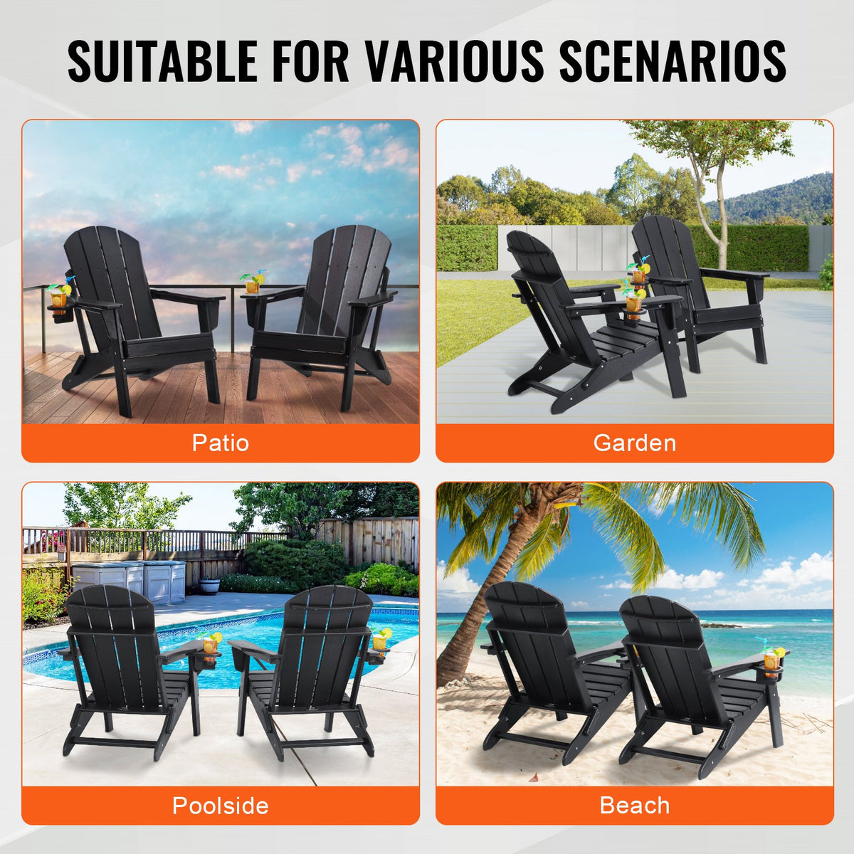 VEVOR Adirondack Chair Plastic, Set of 2 All-Weather Portable Folding Fire Pit Chair, Outdoor Adirondack Patio Chair with Cup Holder, with Relaxing Arm Rest Ergonomic, for Garden, Backyard - Black