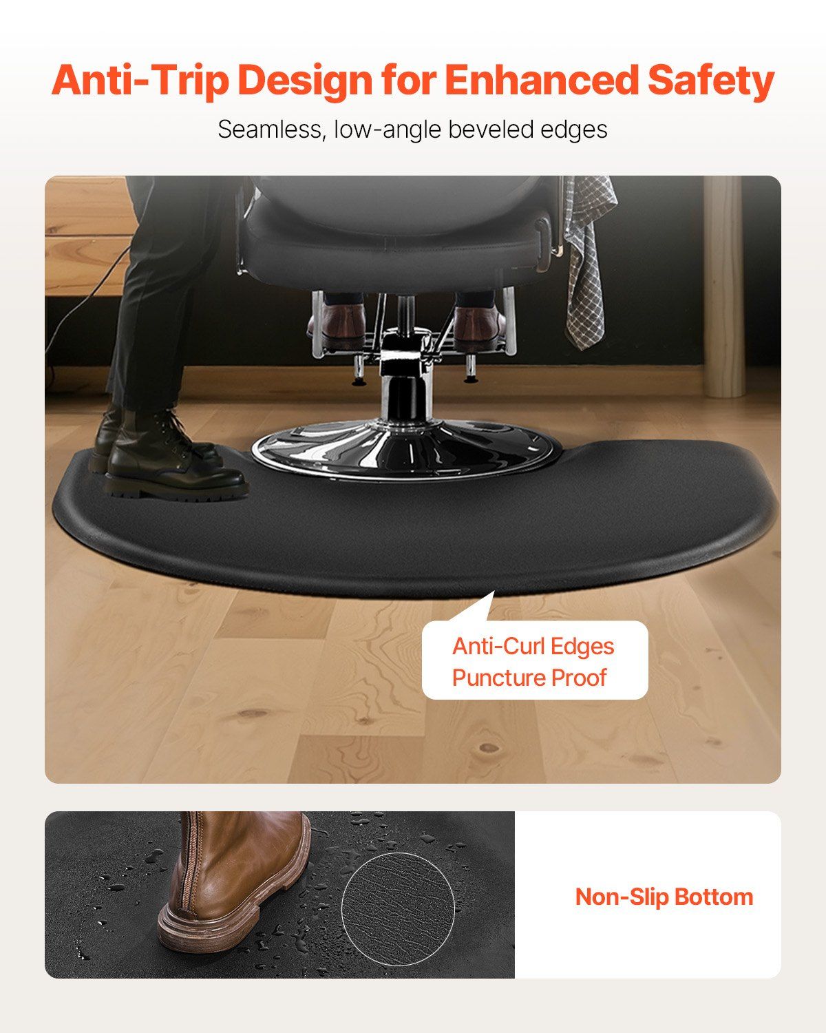 Salon Mat for Hair Stylist, 1220 x 930 mm Semi-circle Salon Chair Mat, 25mm Thickened Anti Fatigue Barber Shop Floor Mat with Round Cut Out, Easy-to-Clean PVC Surface & Anti-Trip Beveled Edges