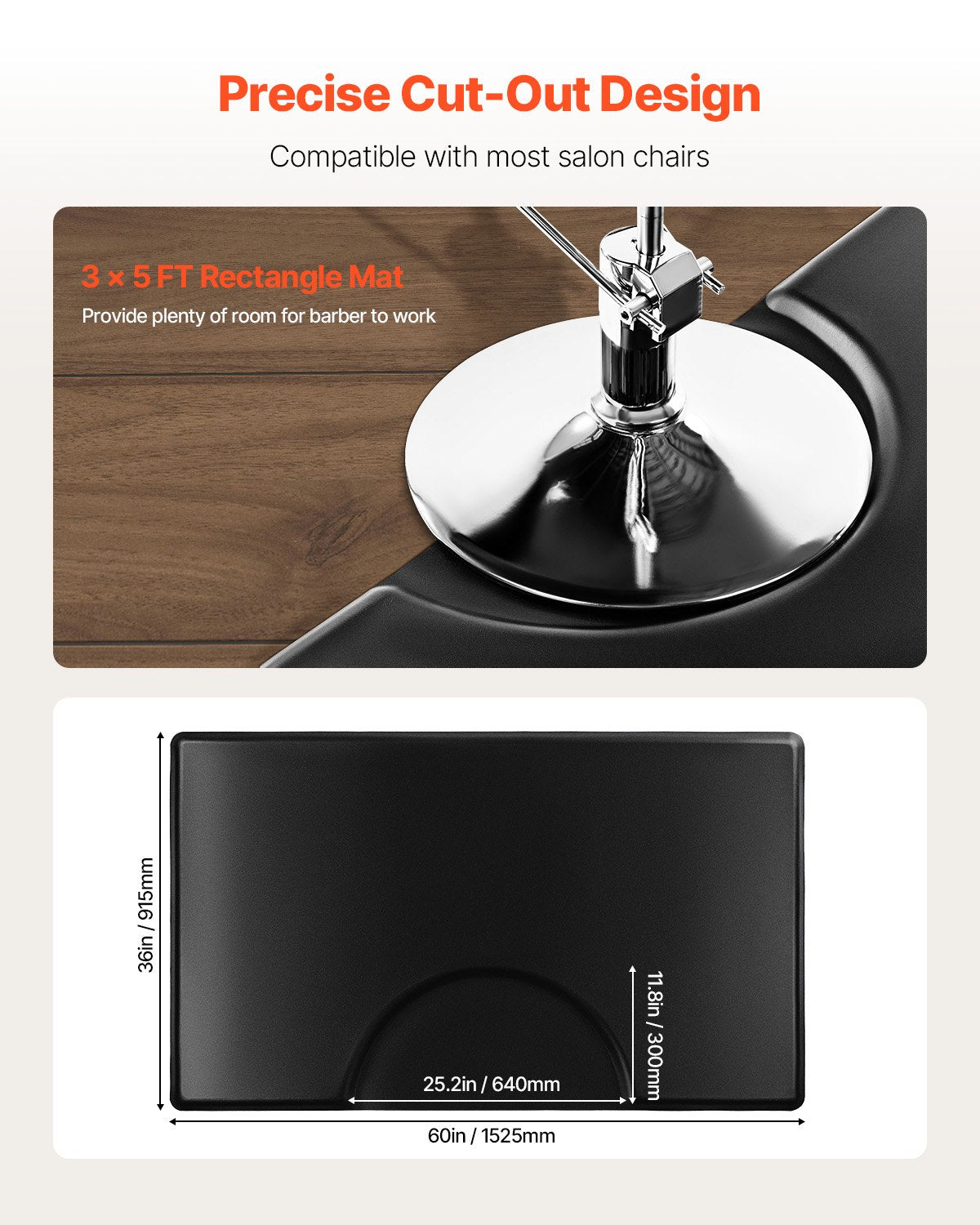 VEVOR Salon Mat for Hair Stylist, 1525 x 915 mm Rectangle Salon Chair Mat Anti Fatigue, 23mm Thickened PVC + PU Barber Shop Floor Mat with Round Cut Out, Anti-Trip Beveled Edges & Non-slip Bottom