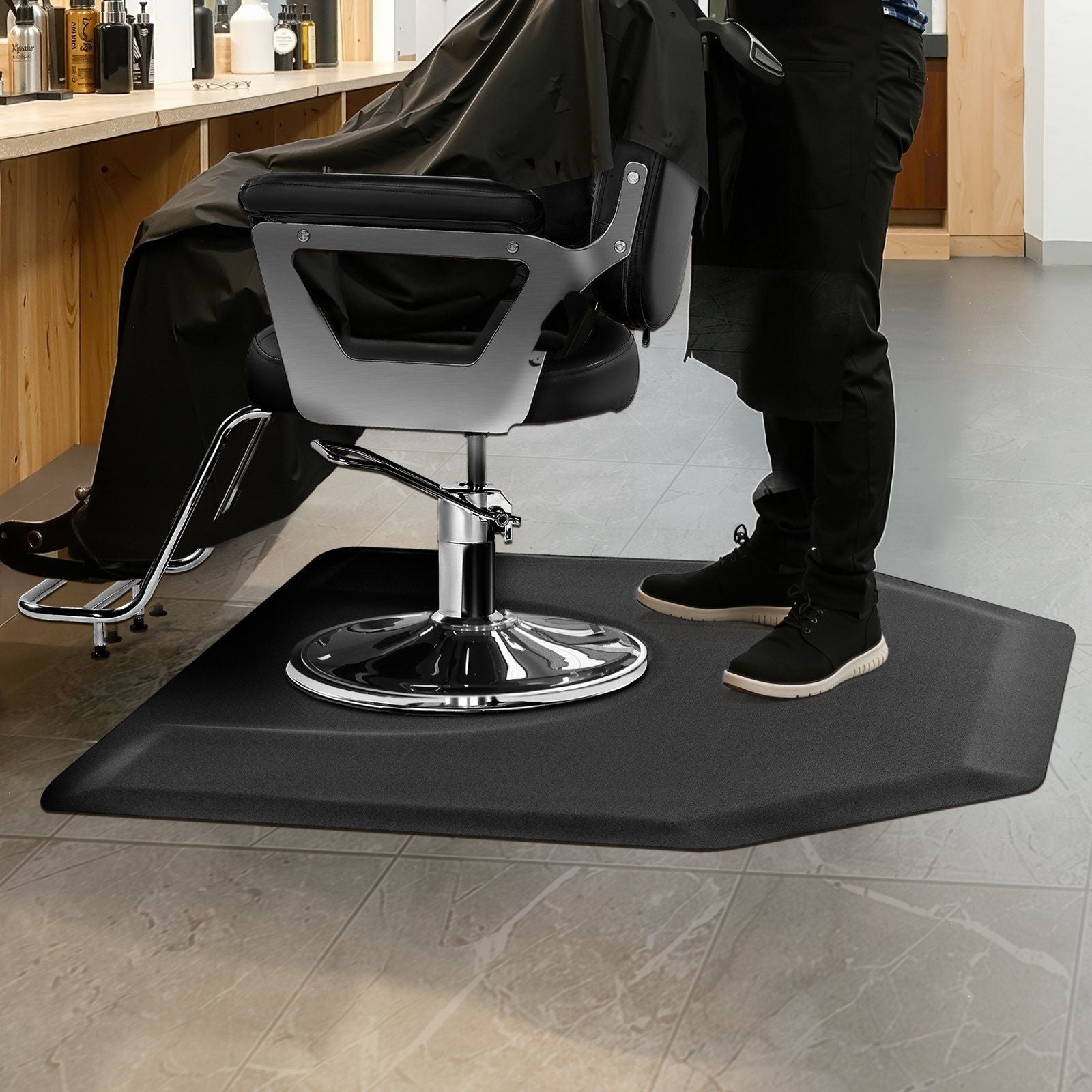 Salon Mat for Hair Stylist, 1225 x 1505 mm Hexagon Salon Chair Mat Anti Fatigue, 13mm Thickened Barber Shop Floor Mat with Round Cut Out, Easy-to-Clean PVC Surface & Anti-Trip Beveled Edges