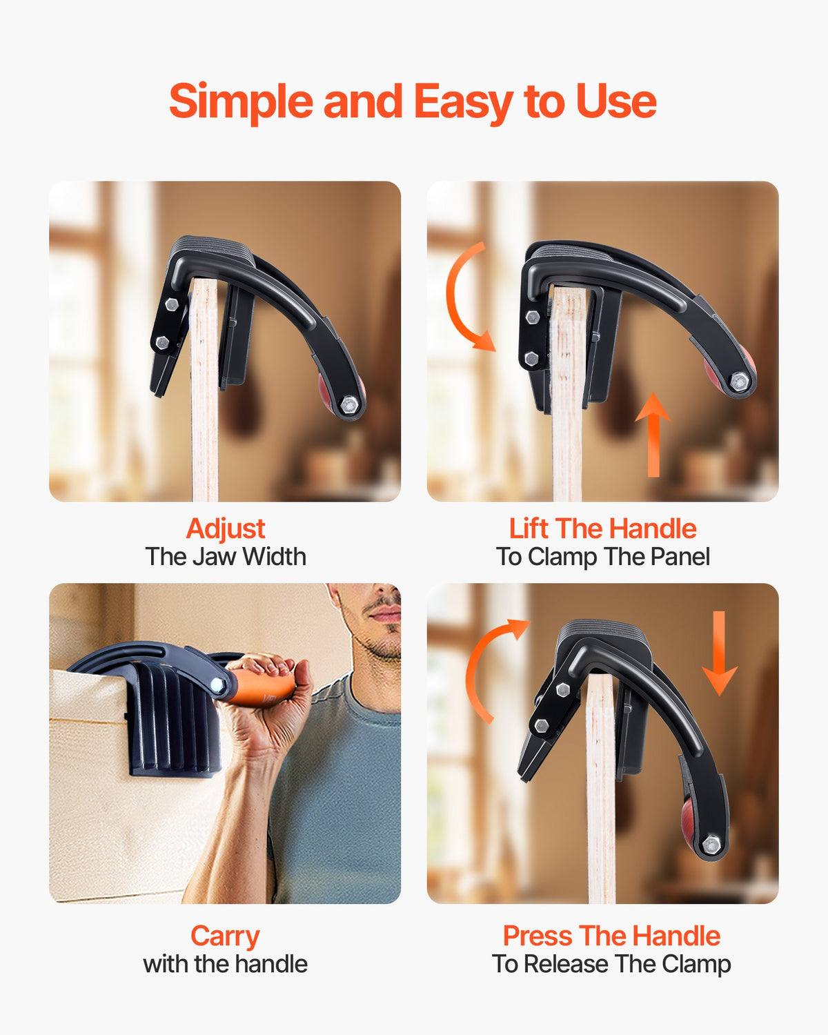 VEVOR Plywood Carrier, 90.7 kg Single Clamp Capacity, 2 Pack Adjustable Drywall Carrying Tool for 0-25.4 mm Thickness Boards, Plywood Carrier with Non-Slip Grips for Plastic Boards, Plywood, Drywall