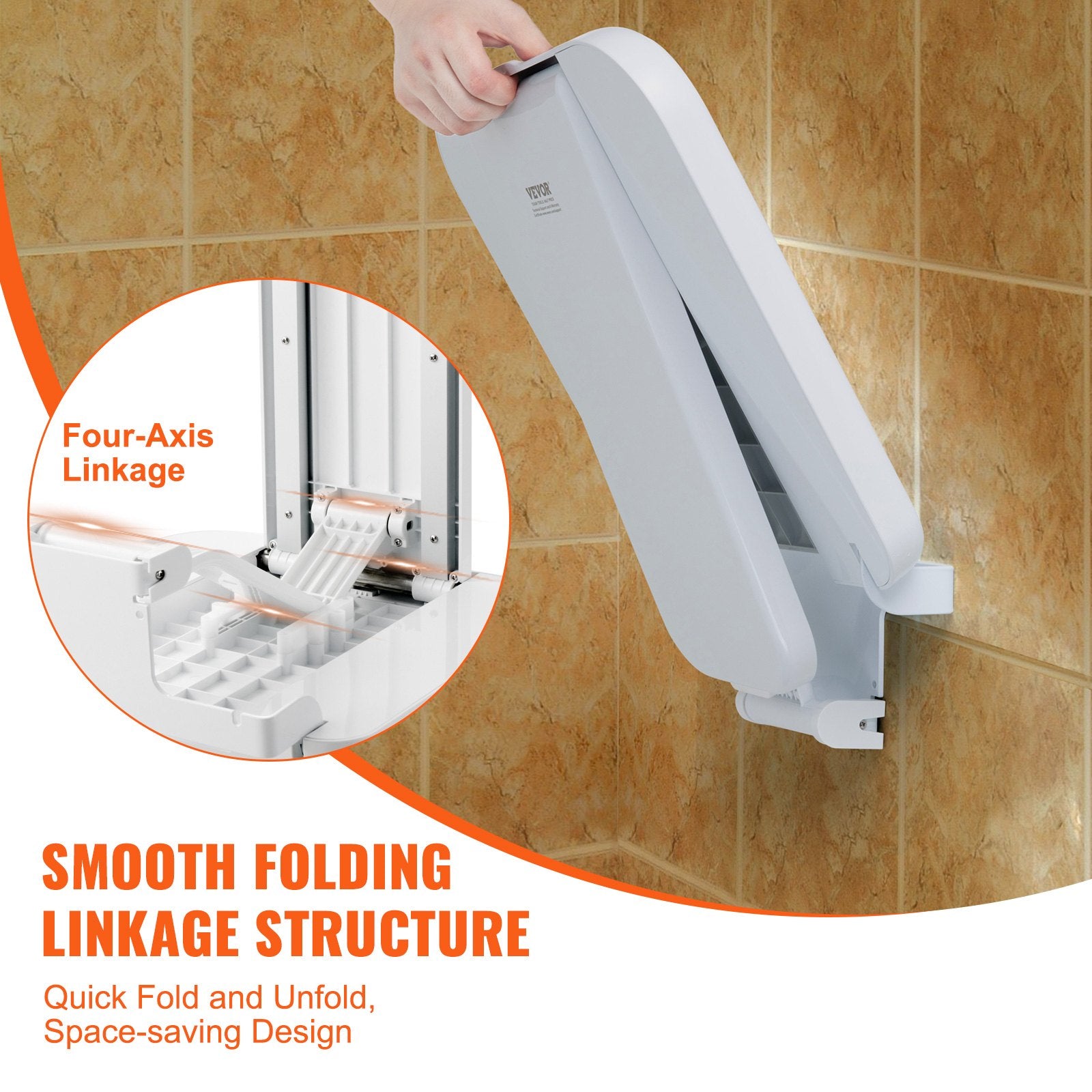 VEVOR Folding ABS Shower Seat, 15.7'' x 16.7'' Unfolded, Wall Mounted Fold Up Shower Bench with 440 lbs Load Capacity, Space Saving Fold Down Shower Chair for Seniors Pregnant Women Children Adults