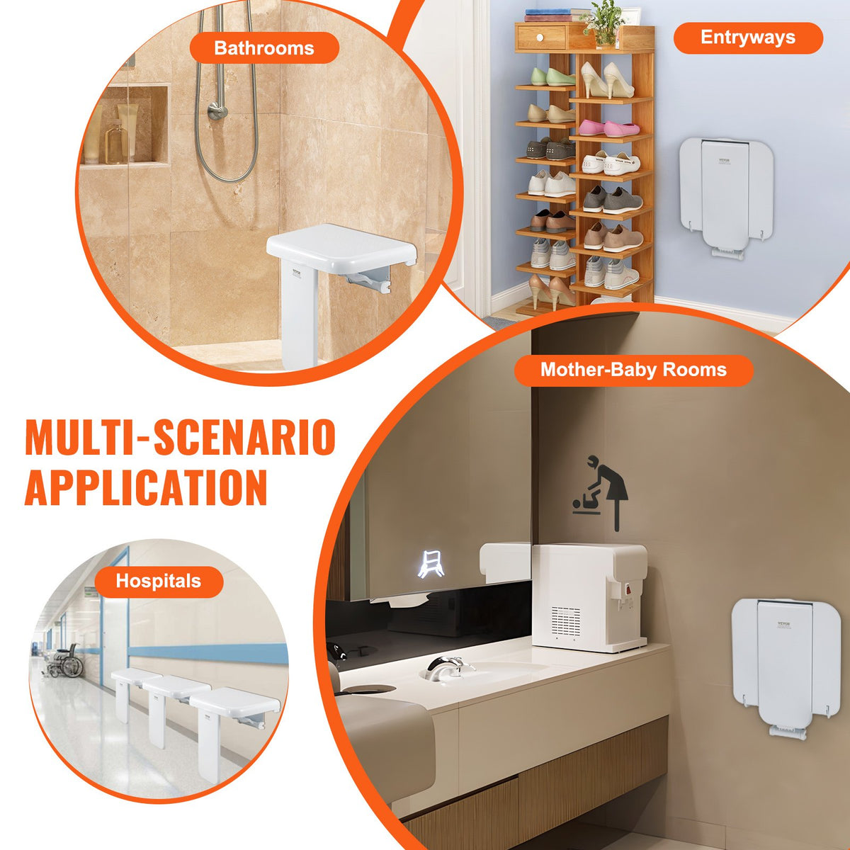 VEVOR Folding ABS Shower Seat, 15.7'' x 16.7'' Unfolded, Wall Mounted Fold Up Shower Bench with 440 lbs Load Capacity, Space Saving Fold Down Shower Chair for Seniors Pregnant Women Children Adults